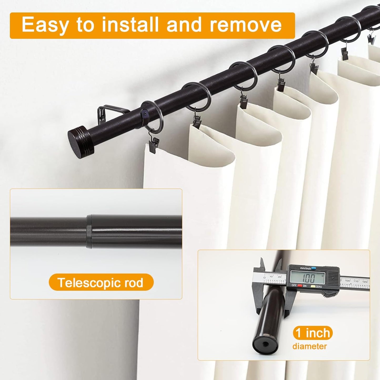 Adjustable Curtain Rods-18 to 144 Inches,1 Inch Modern Metal Drapery Rods, Adjustable Heavy Duty Curtain Pole with Simple End Caps