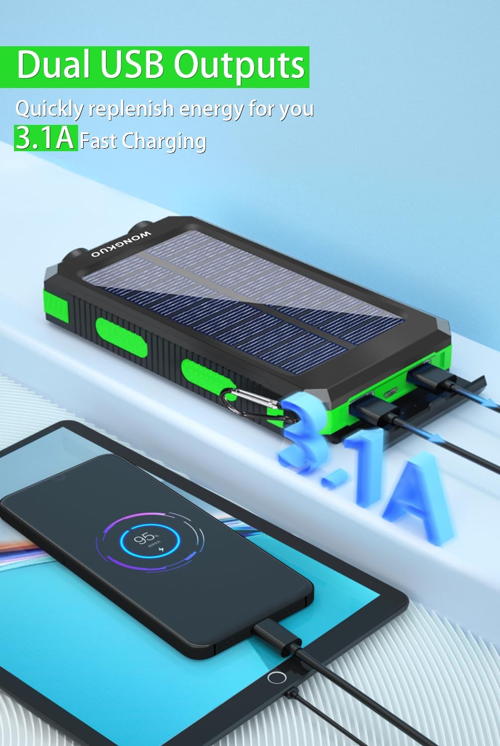 WONGKUO Solar Charger Power Bank - 36800mAh Solar Phone Charger, QC3.0 Fast Charger with LED Flashlight, IP65 Waterproof Portable Power Bank for Outdoor Activities (Matte Green)
