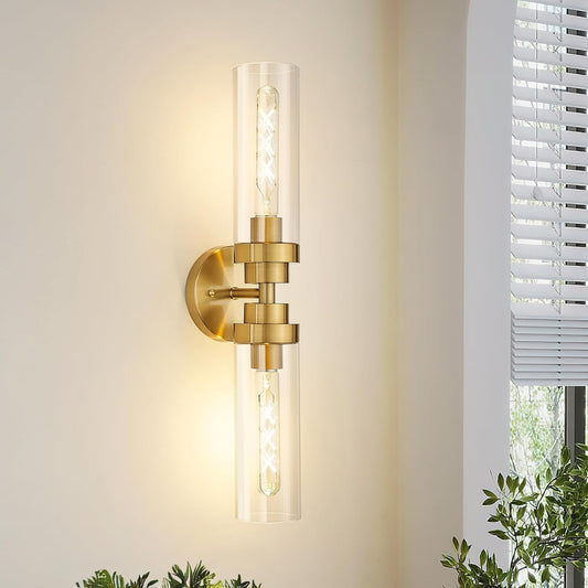 Emak 2-Light Bathroom Vanity Light Fixtures, Modern 22 Inch Brushed Gold Vanity Lights with Clear Glass Shade, Cylinder Wall Sconces for Bathroom, Bedroom, Hallway, VL085-BGD-2