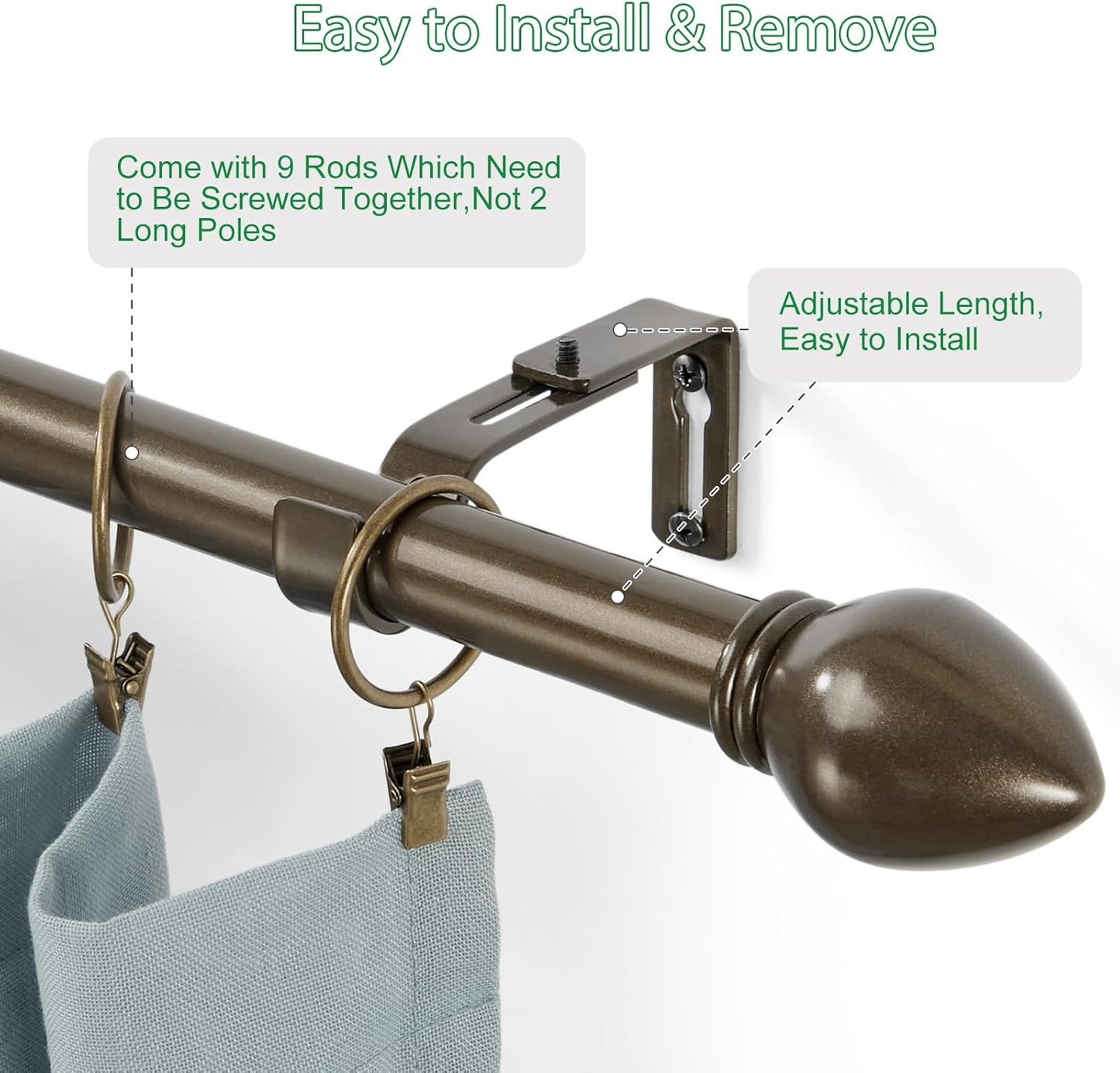 Curtain Rods for Windows 16 to 136 inches, Curtain Rod Max Adjustable Length to 146 in, Drapery Rod 1 inch Diameter with Modern Knobs Finials (Brown, 16" to 136" - Set of 2)