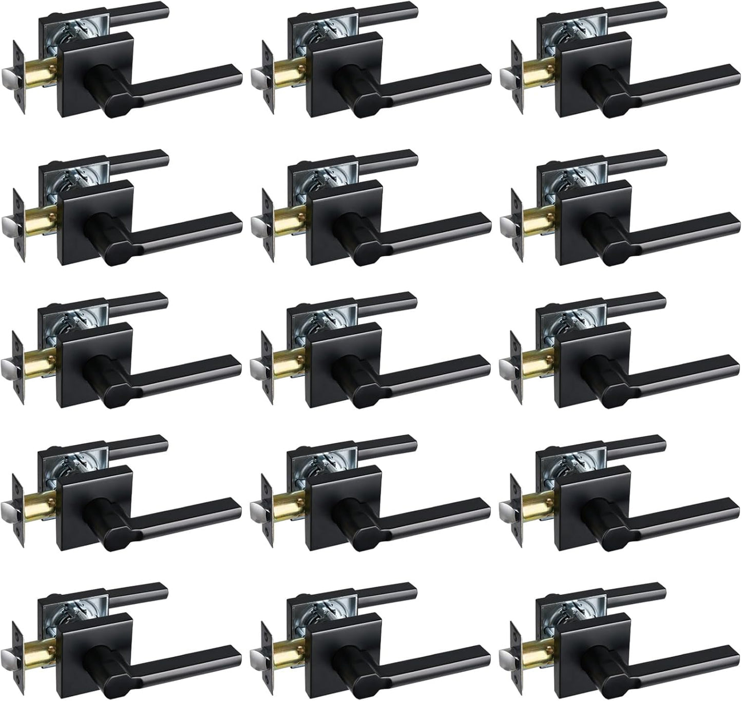 Passage Door Lever (No Lock), Heavy Duty Interior Square Handle for Hallway and Closet, Matte Black, Reversible for Right&Left Handed, 15Packs