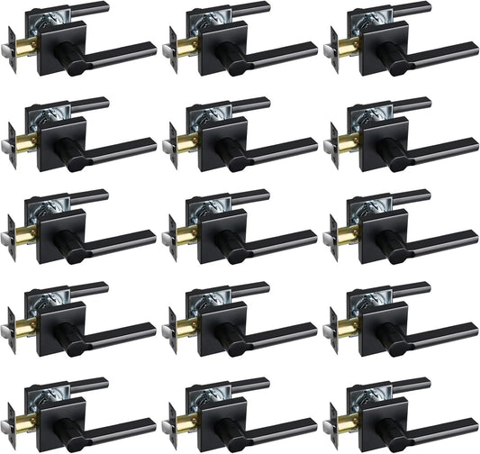 Passage Door Lever (No Lock), Heavy Duty Interior Square Handle for Hallway and Closet, Matte Black, Reversible for Right&Left Handed, 15Packs