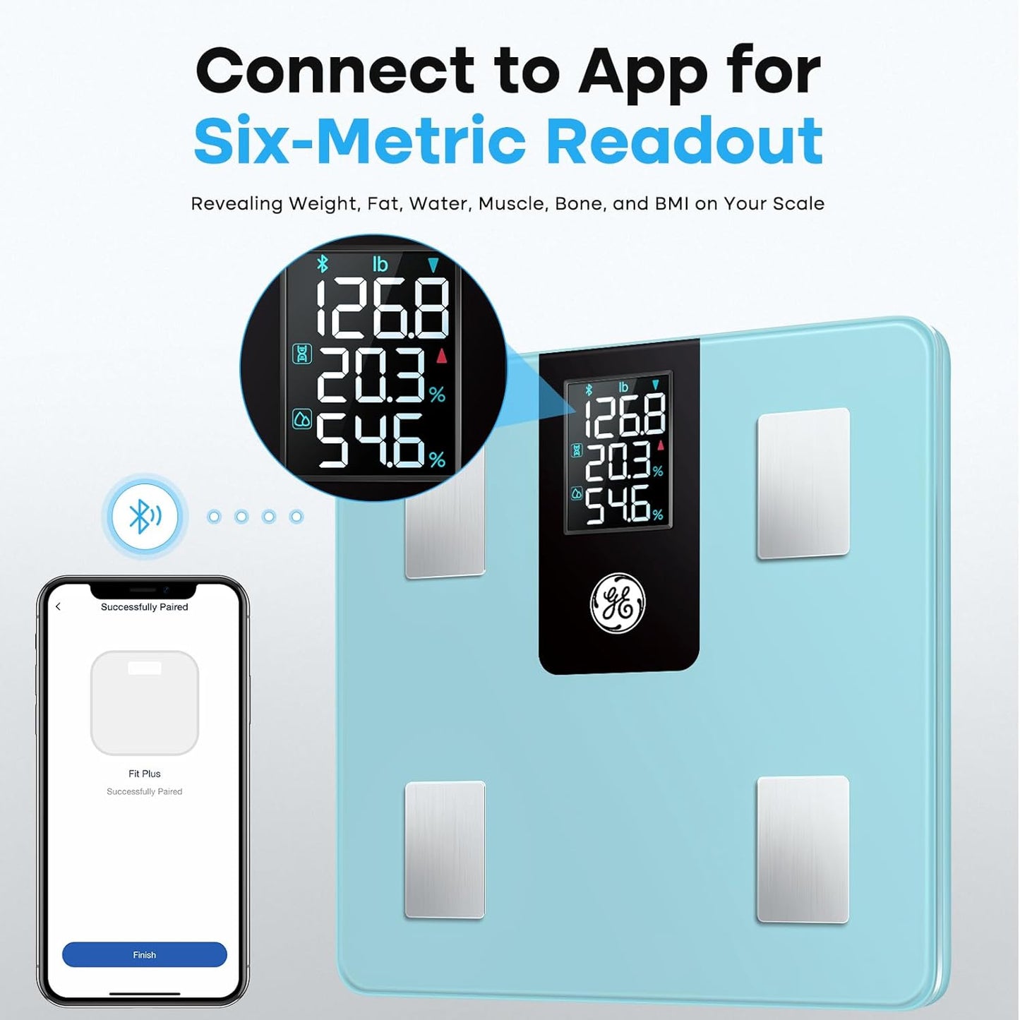 GE Smart Scale for Body Weight BMI Fat Muscle Mass with 14 Body Composition Metrics & All-in-one LCD Display, Digital Bathroom Weight Monitor Bluetooth with App, Accurate Weighing Machine 400lb Blue