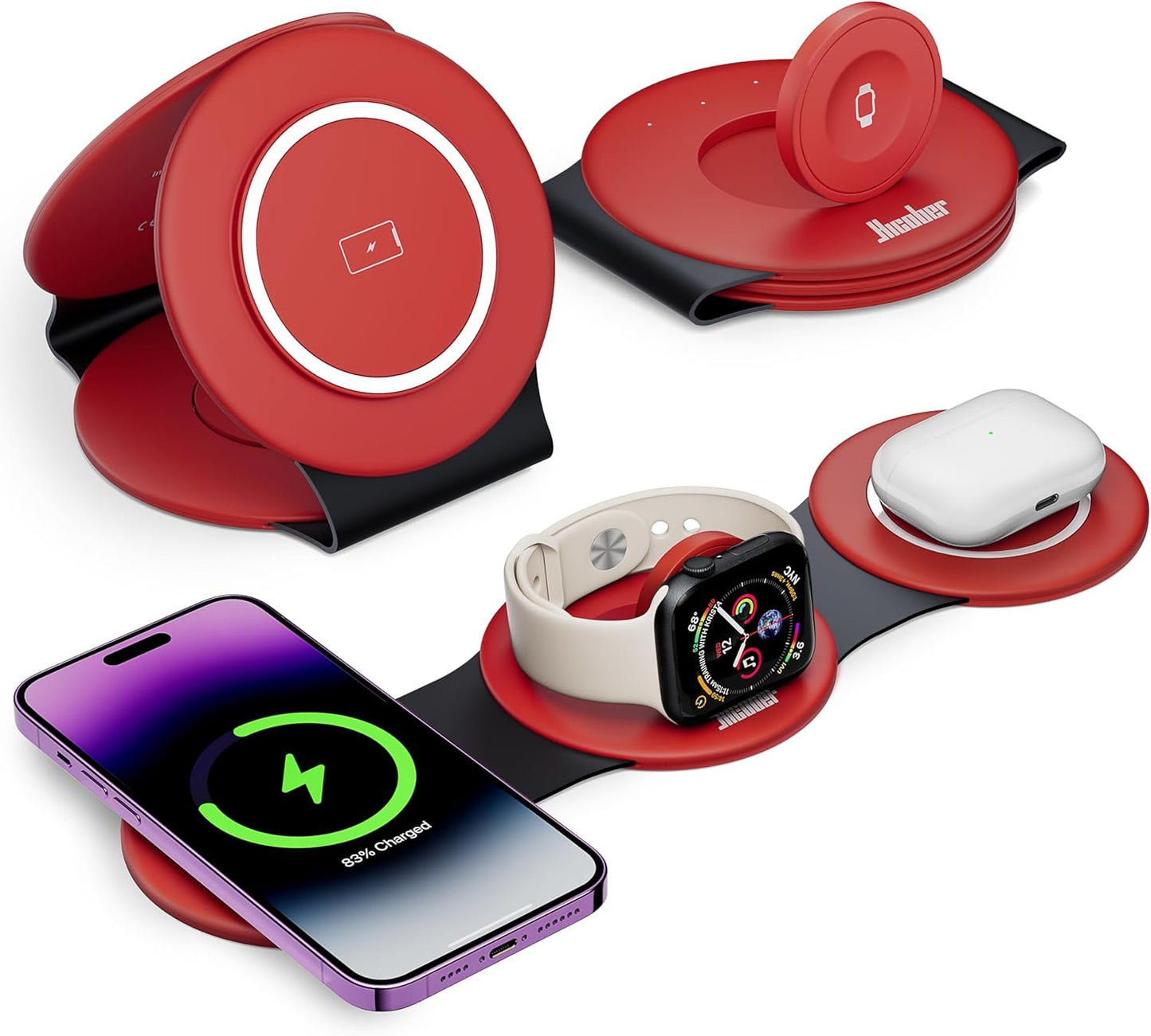 Hicober 3 in 1 Wireless Charging Station for Apple Watch and iPhone Air 17 16 15 14 13 12 Pro Max/Plus, Magnetic Foldable Wireless Travel Charger Station Stand for Airpods iWatch All Series Dark Red