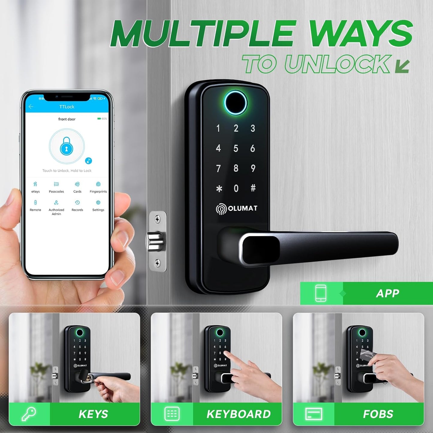 Smart Door Lock with Handle: Olumat Keyless Entry Door Lock with WiFi Gateway - Smart Locks for Front Door with Keypad - Fingerprint Lock
