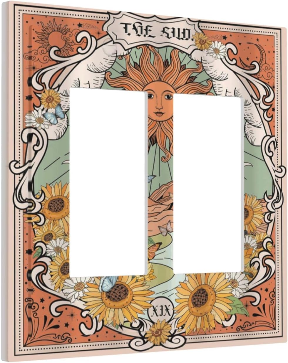 Boho Retro Sun Sunflower Vintage Flower Butterfly Decorative Outlet Covers 2 Gang Double GFCI Rocker Electrical Wall Panels Light Switch Cover Plate for Farmhouse Home Decor