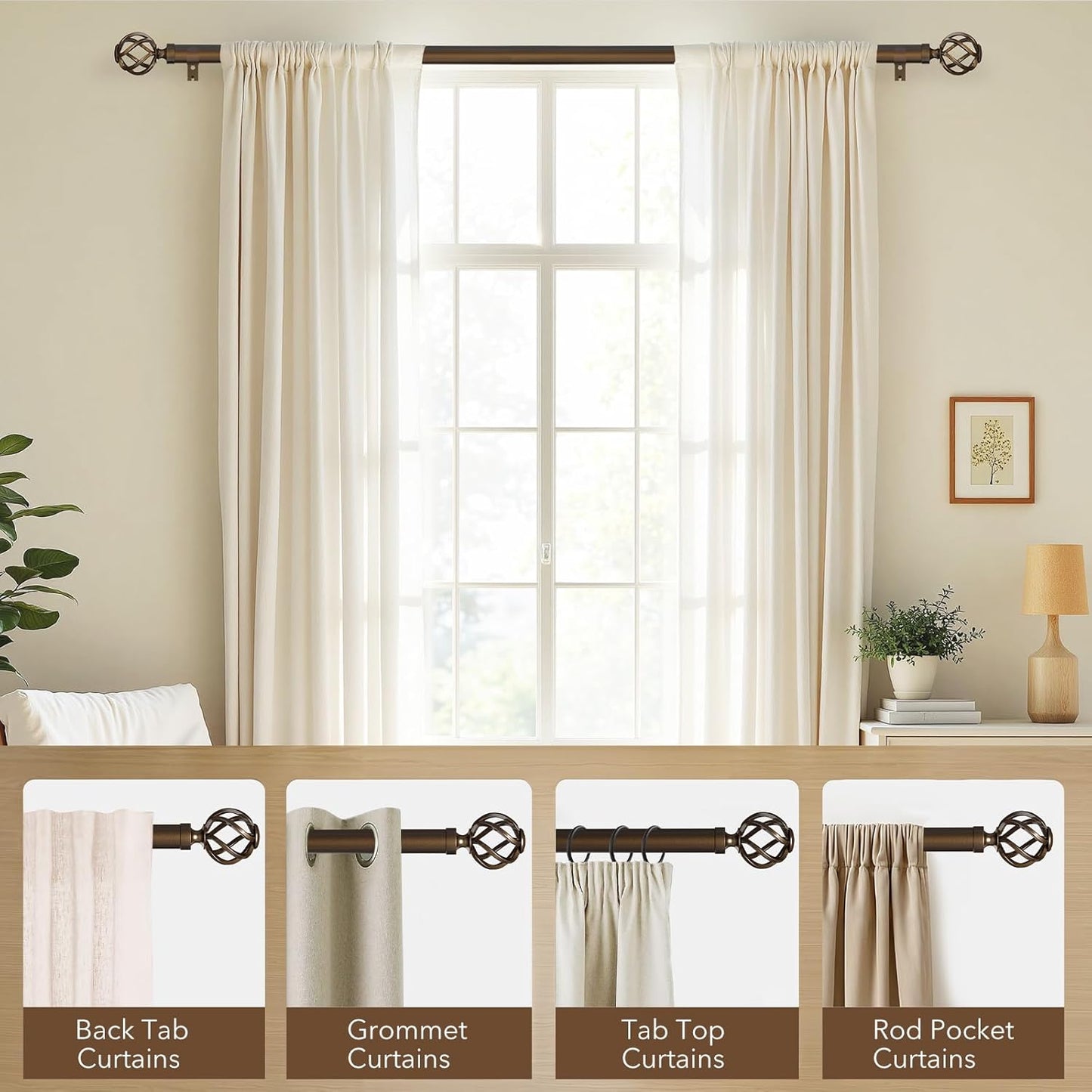 Curtain Rods for Windows 72 to 144, 1 Inch Adjustable Decorative Long Bronze Curtain Rod with Twisted Cage End, Modern Heavy Duty Outdoor Drapery Rods for Patio, Telescoping Splicing, Size 32" - 150"