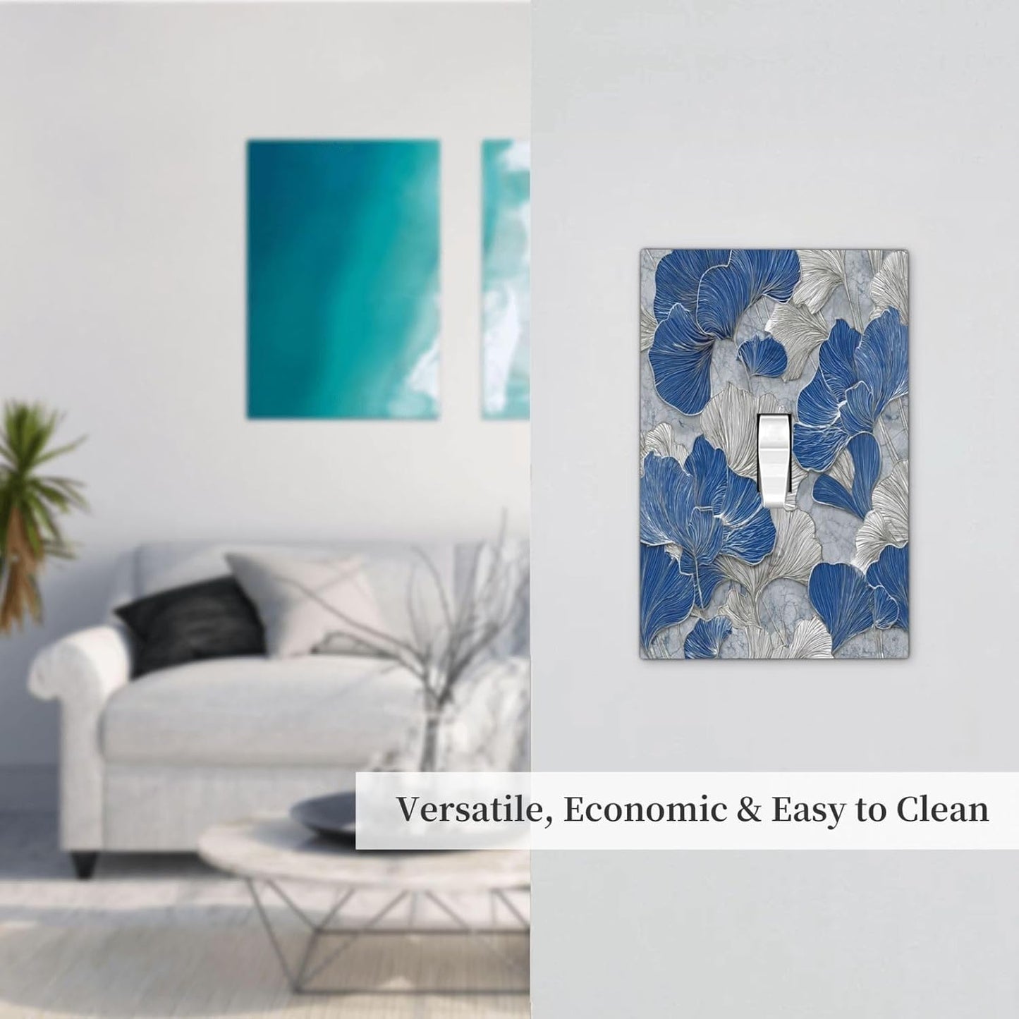Abstract Blue Marble Plant Leaves 1 Gang Single Toggle Decorative Light Switch Covers Electrical Faceplate Switch Plates for Bathroom Kitchen Home