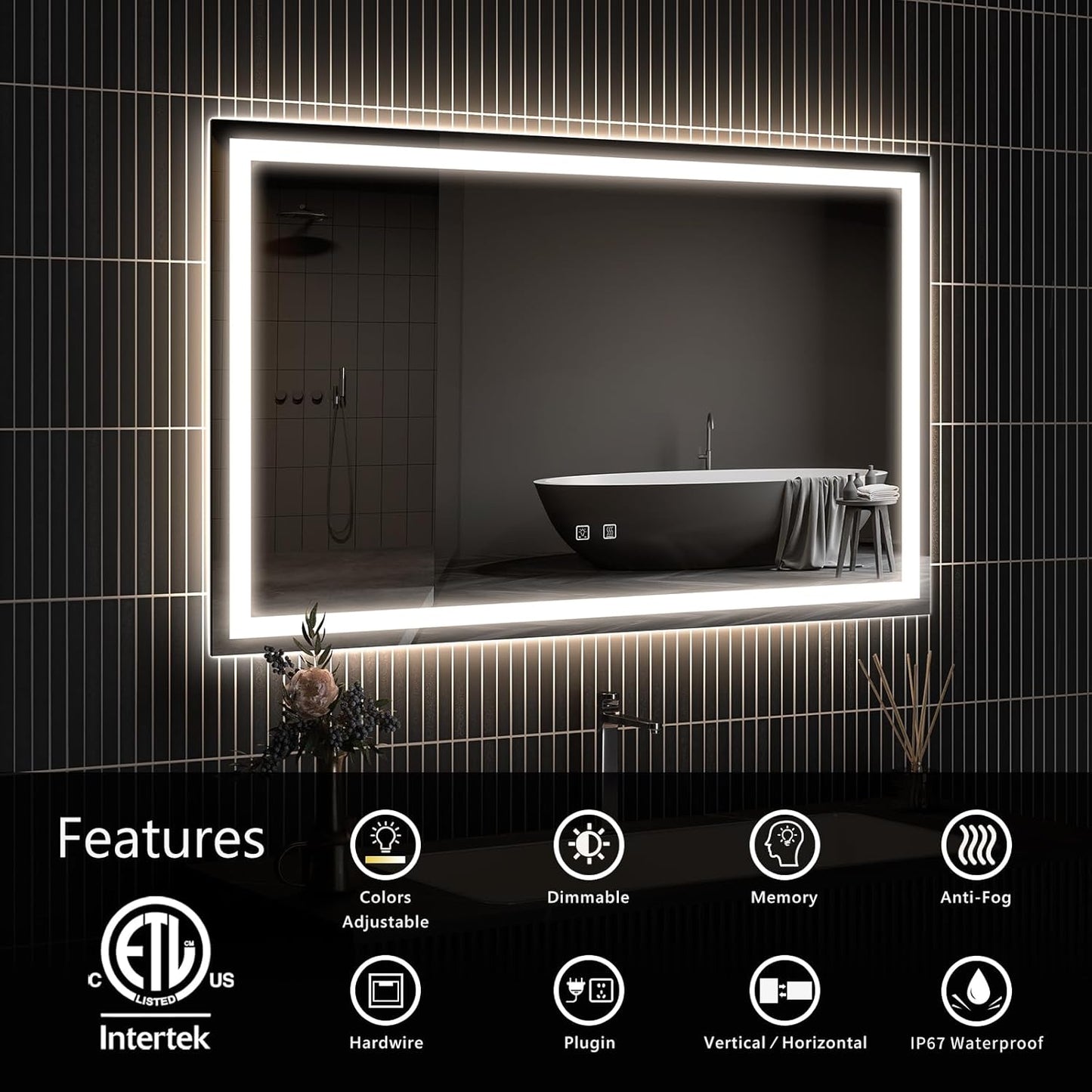 APRILSOUL 42x30 Inch LED Bathroom Mirror with Front and Backlit, Makeup Mirror with 3 Color Lights, Memory Function, Anti-Fog and Dimmable Light (Horizontal/Vertical)
