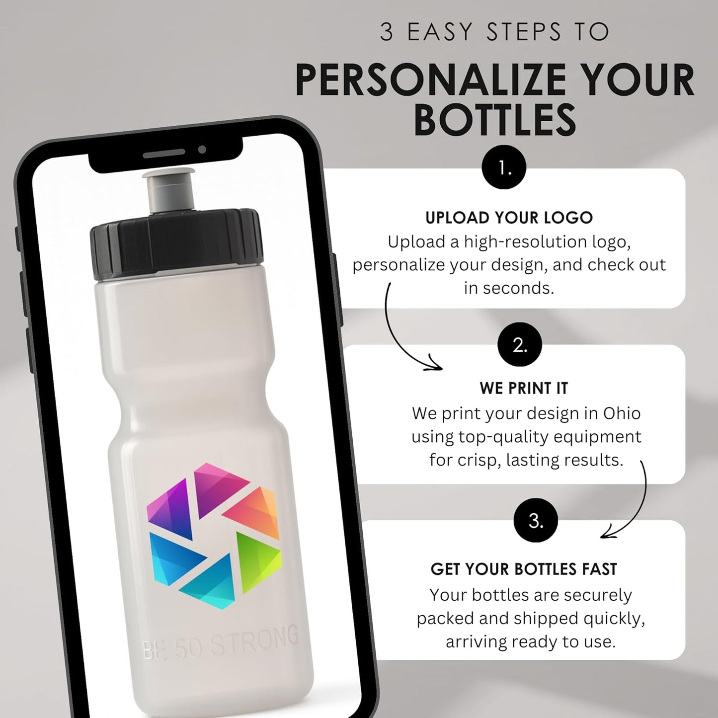 50 Strong Sports Water Bottles – Reusable 22 oz BPA-Free Plastic Bottles with Pull Top Cap – Made in USA – Top Rack Dishwasher Safe – Fits Most Bike Cages Brand