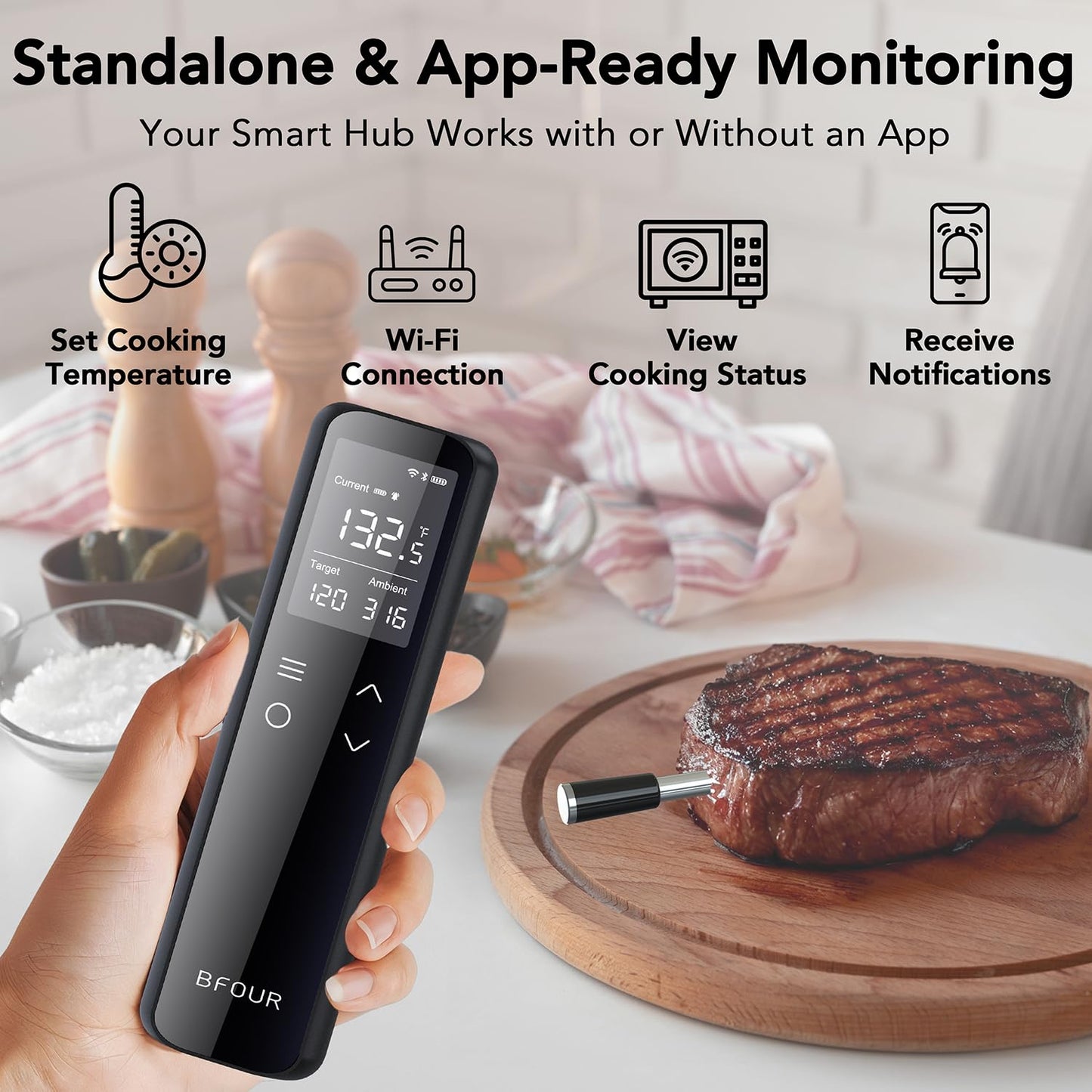 BFOUR WiFi Wireless Meat Thermometer with Standalone Base, 6 Precision Sensor, Waterproof and Heat Resistant, Intuitive Smart App, Bluetooth Meat Thermometer for Cooking, BBQ, Oven, Grill, Smoker