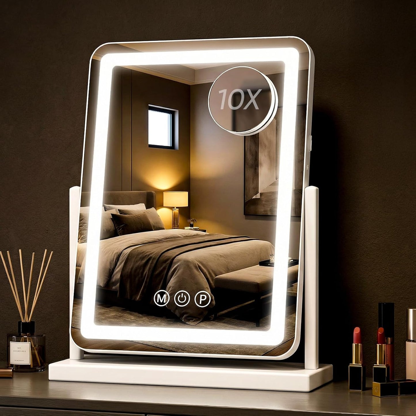 Antok Vanity Mirror with Lights, 13"X18" Lighted Makeup Mirror, Smart Touch, 3 Color Modes and Brightness Adjustable, LED Vanity Mirror with Detachable 10X Magnification, 360° Rotation for Makeup Desk