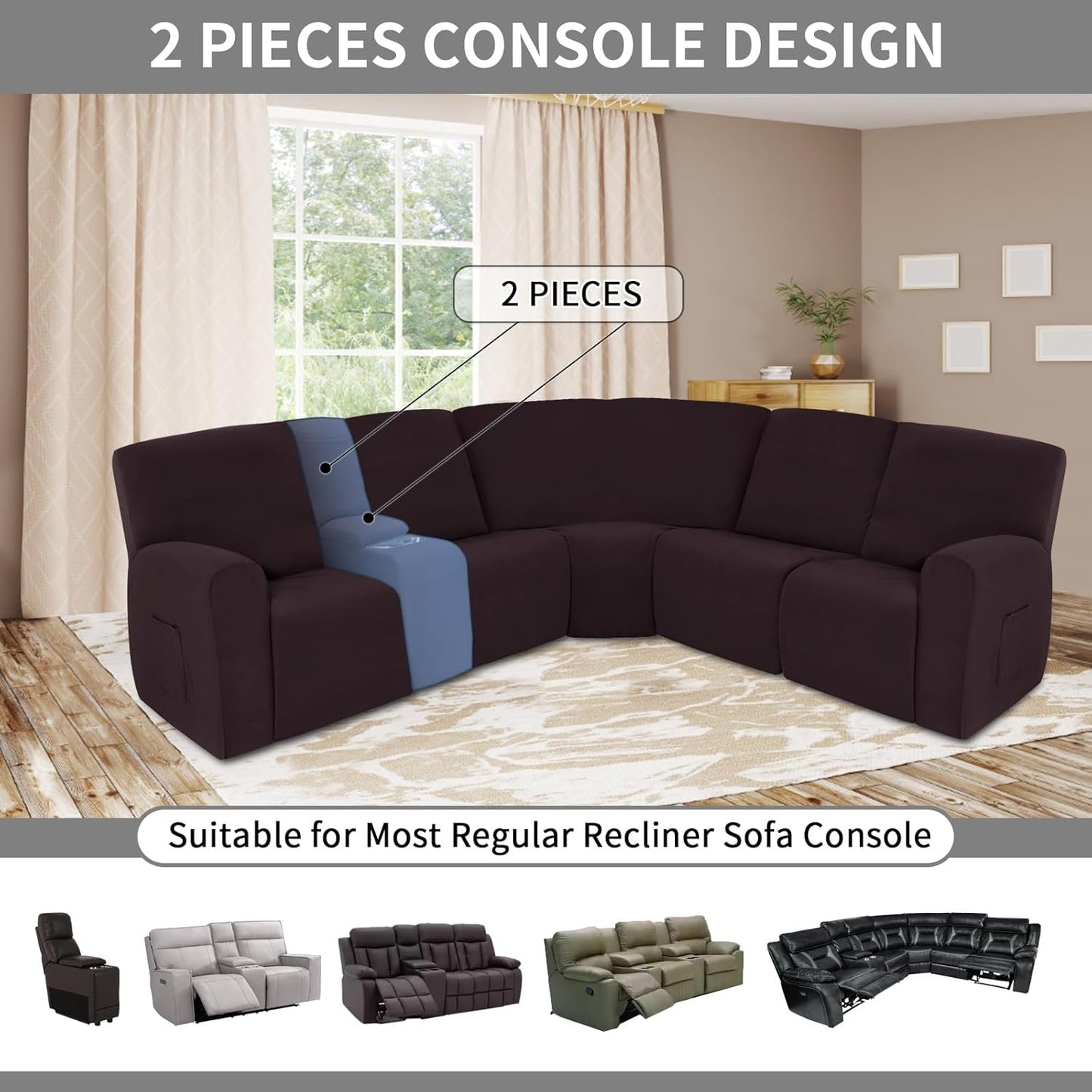 Easy-Going 100% Waterproof Recliner Console Cover, Stretch Middle Console Couch Covers for Reclining Sofas, Sectional L-Shape Furniture Protector for Kids & Pets, 1 Console Cover, Chocolate