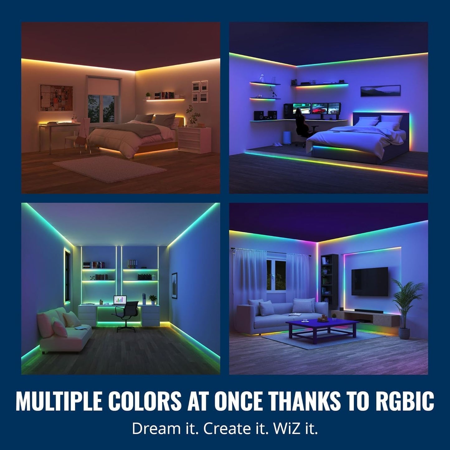 WiZ Connected 16.4 ft LED Light Strip For Your Smart Home, Flowing Multicolor LED Lights, Color-Changing RGBIC Lighting, Cuttable, Voice/App Control, Works with Google Home, Alexa and HomeKit