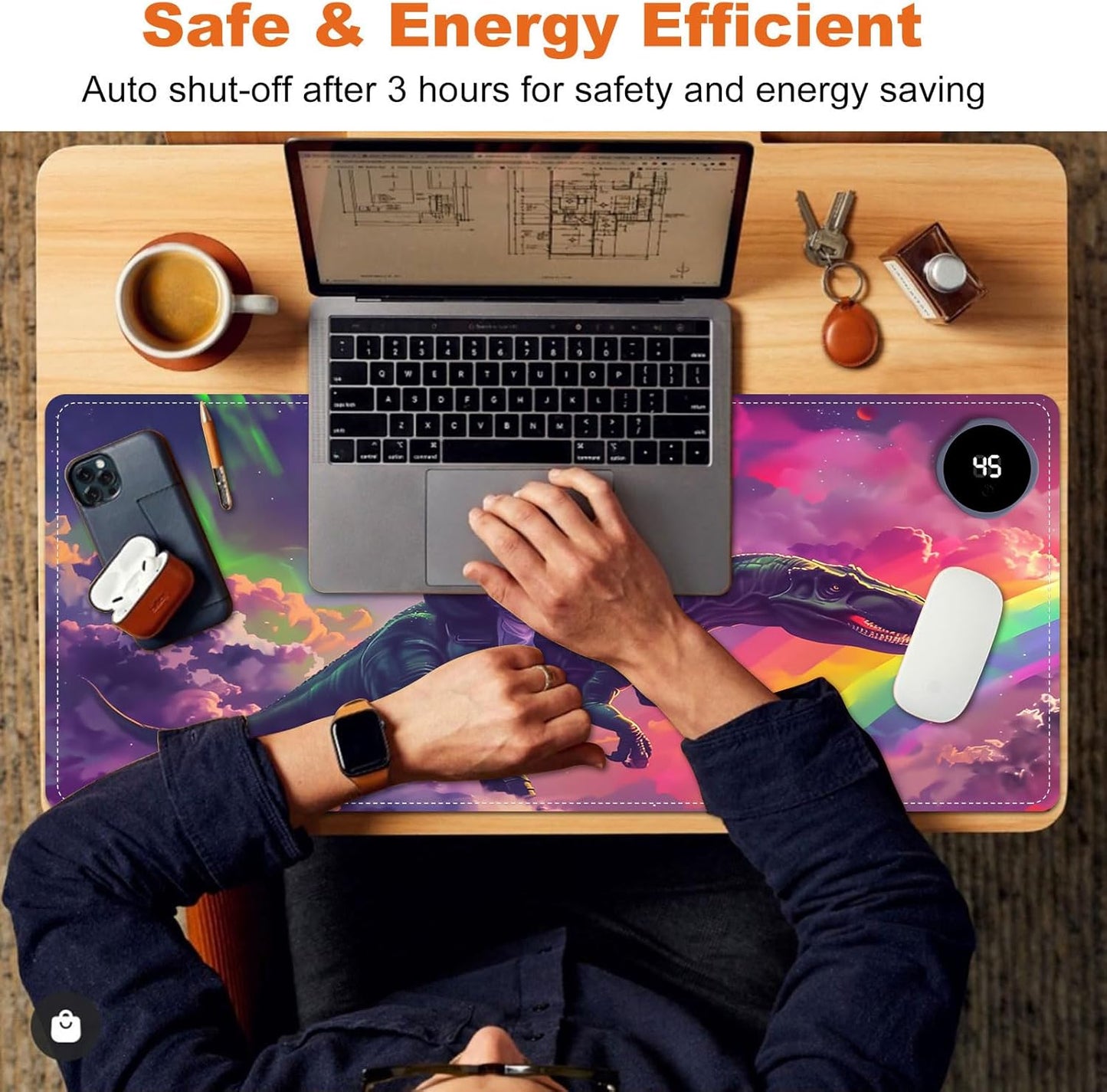 Heated Mouse Pad for Desk 31.5" x 13" – PU Leather Warm Desk Pad with 3 Heat Levels (104°F/113°F/122°F), Plug-in Electric Heating Mat with Auto Shut-Off, Waterproof & Rollable, Astronaut on Dinosaur