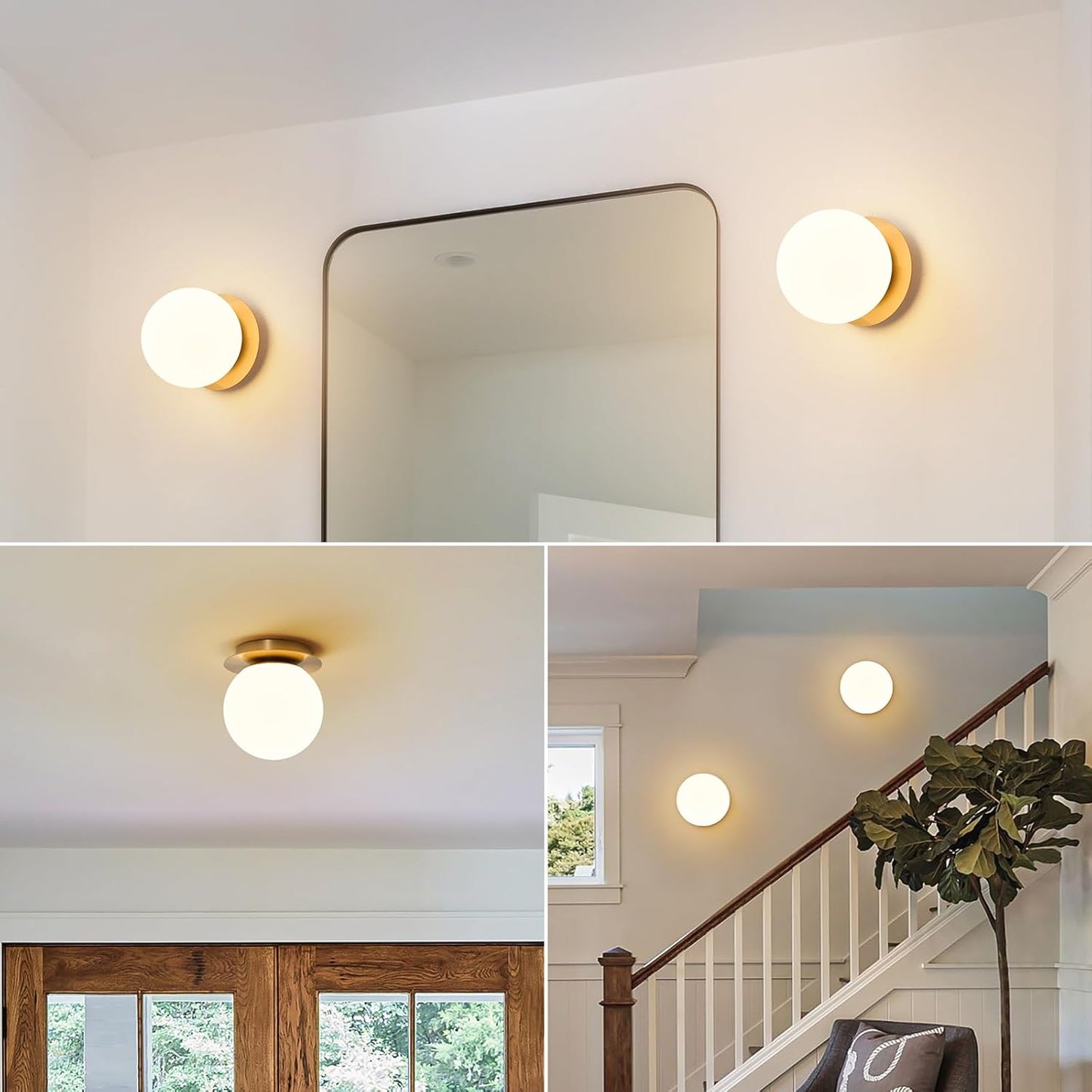 Modern Glass Globe Wall Sconce: Gold Spherical Sconces Light - Small Brass Vanity Single Ball Lights Fixture - Contemporary Milk Glass Wall Mounted Lamp for Bedroom Bathroom Hallway Bulb Not Included
