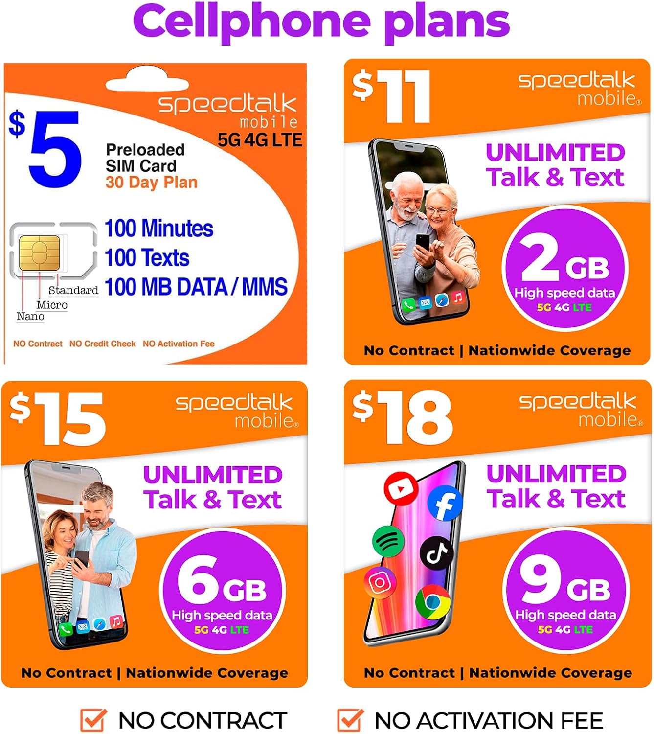 SpeedTalk Mobile SIM Card Starter Kit, Smartphone Cell Phone, GPS Tracker and IoT, Plan Starting at $5 Prepaid, Data, Talk and Text, High Speed 5G 4G LTE, Android iOS, USA, 3 in 1 SIM Kit