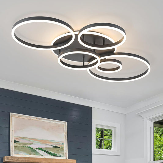 O'NEELDY Black Flush Mount Ceiling Light Dimmable Dining Room Light Fixture Round 6 Rings Modern LED Ceiling Light with Remote Control 47" Kitchen Lighting Fixture Ceiling Lamp for Living Room,Bedroom
