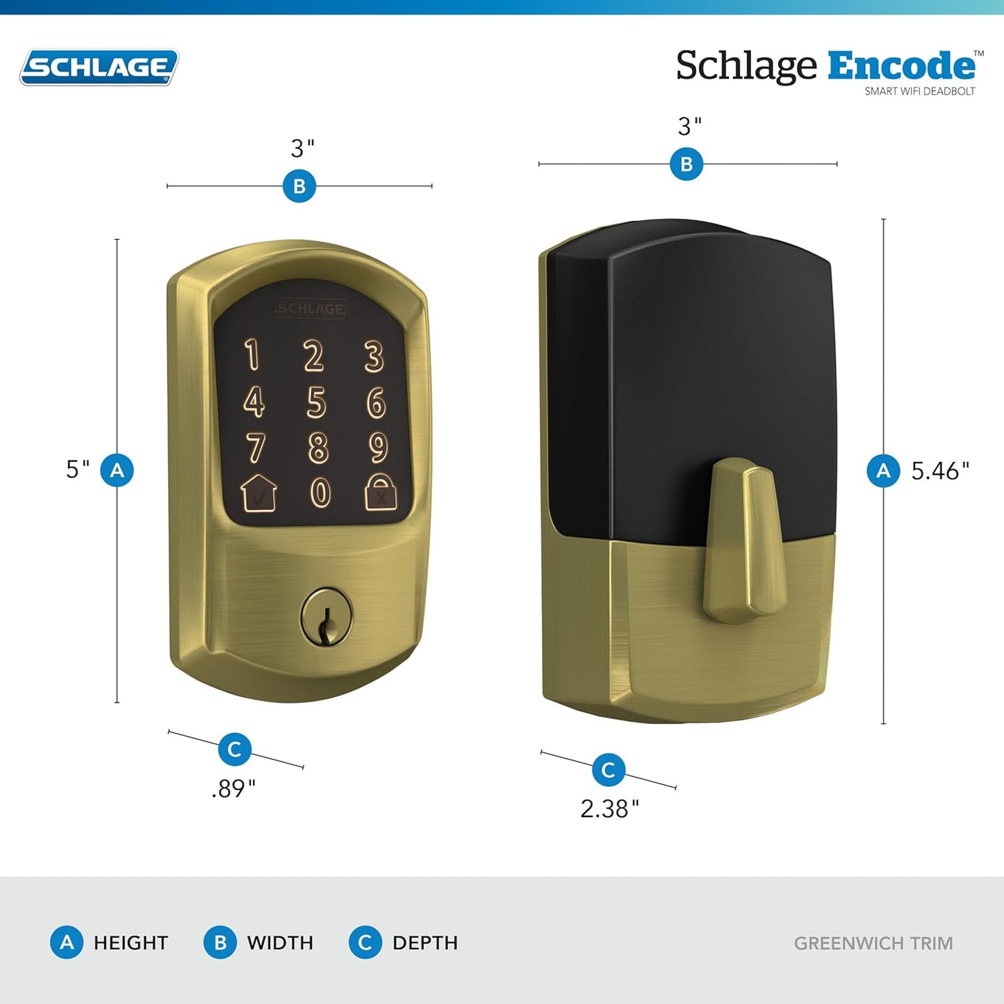 Schlage Encode Smart WiFi Deadbolt Lock for Front Door - Keyless Entry with App or Touchscreen - Compatible with Alexa, Hey Google, & Airbnb - Create Codes for Guests - Satin Brass Gold