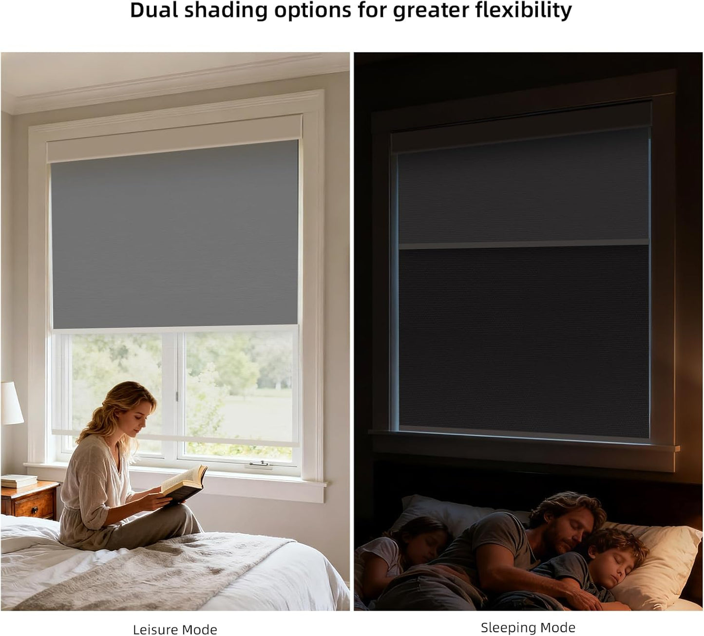 ZSTARR Motorized Day and Night Dual Smart Blind for Window with Valance Rechargeable Motor,Blackout Roller Shade Custom Size,with Valance Suitable for Home,Office (Full Blackout Dark Grey)