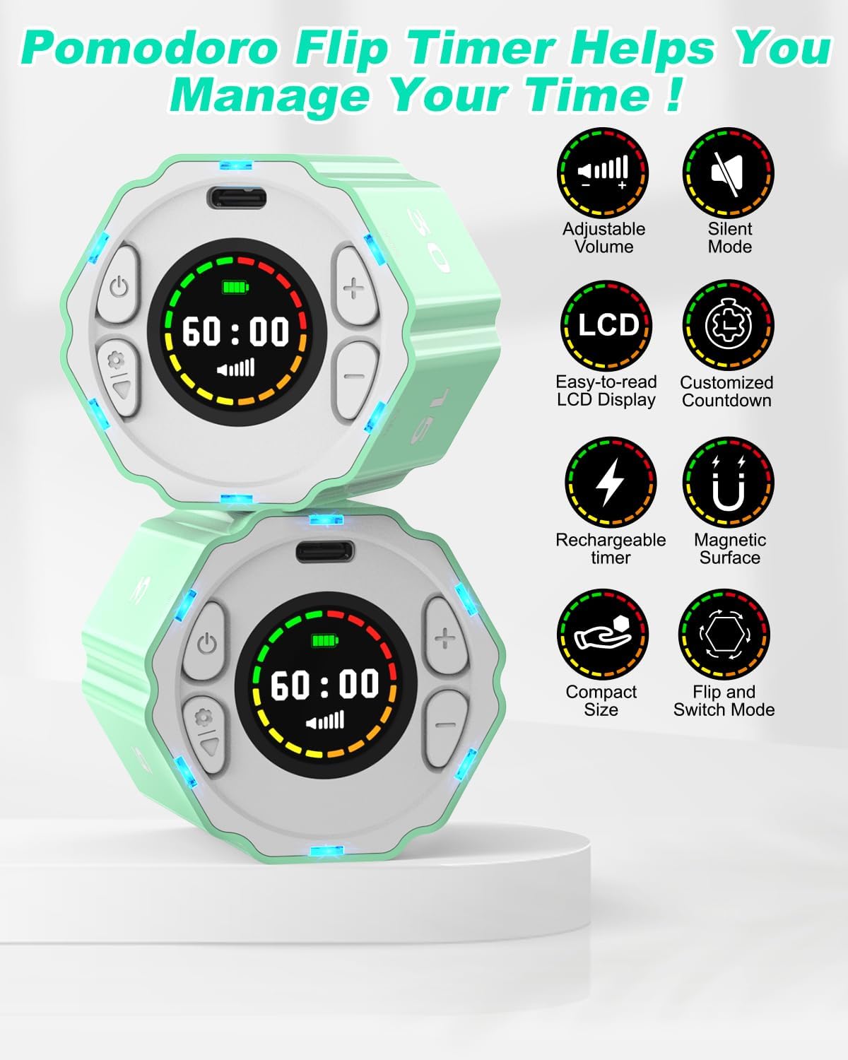 Digital Magnetic Hexagonal Timer Management Cube Timer with Customizable Alerts & Countdown - Rechargeable & Compact for Cooking, Working, Studying (Avocado Green)