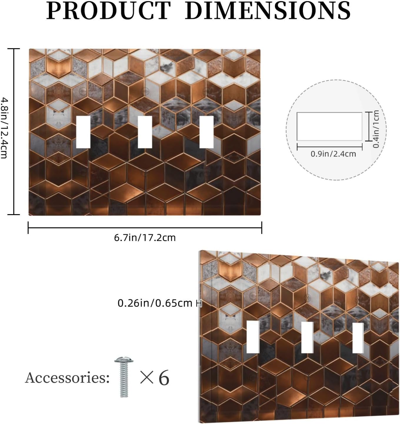 Brown Abstract Luxury Modern Geometric Cubic Marble 3 Gang Triple Toggle Decorative Light Switch Covers Electrical Faceplate Switch Plates for Bathroom Kitchen Home