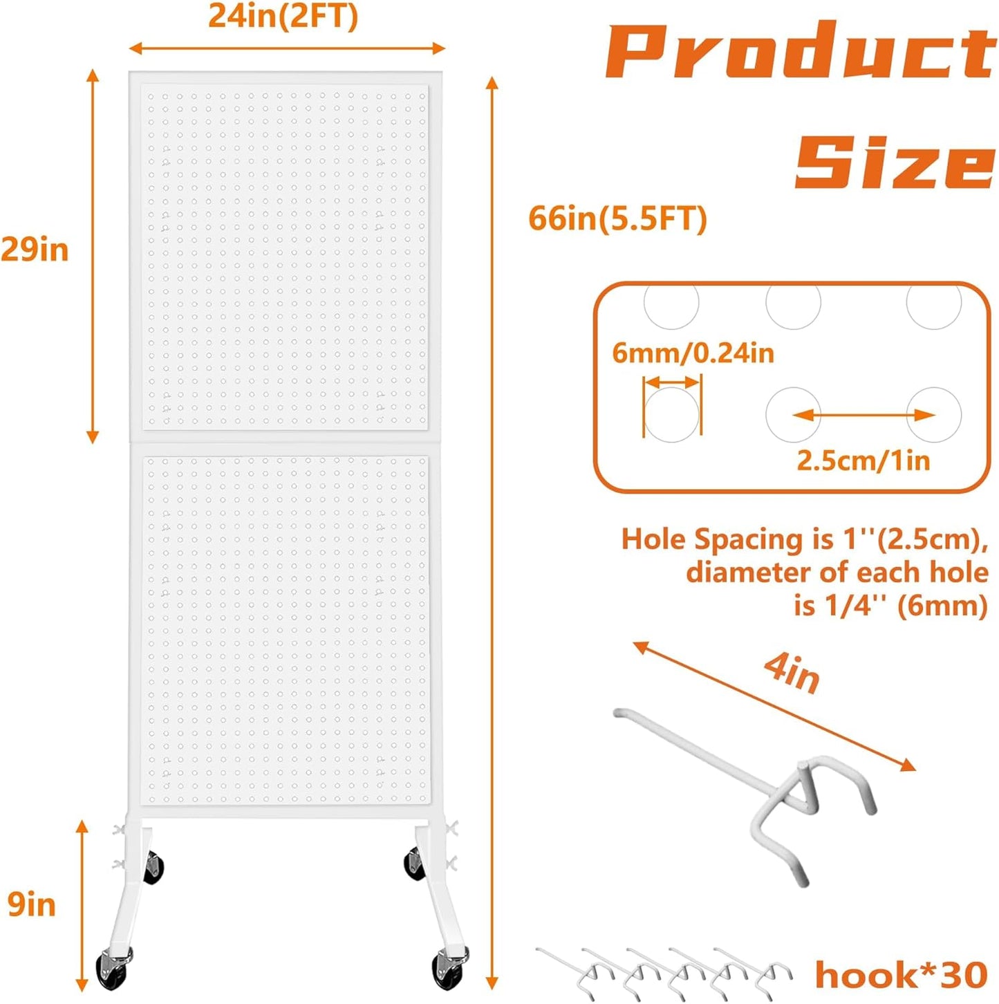 Royxen Metal Pegboard with 30 Hooks and Wheels,2 x 5.5 Feet Pegboard Display Rack, Standing Pegboard Display for Home and Store, White
