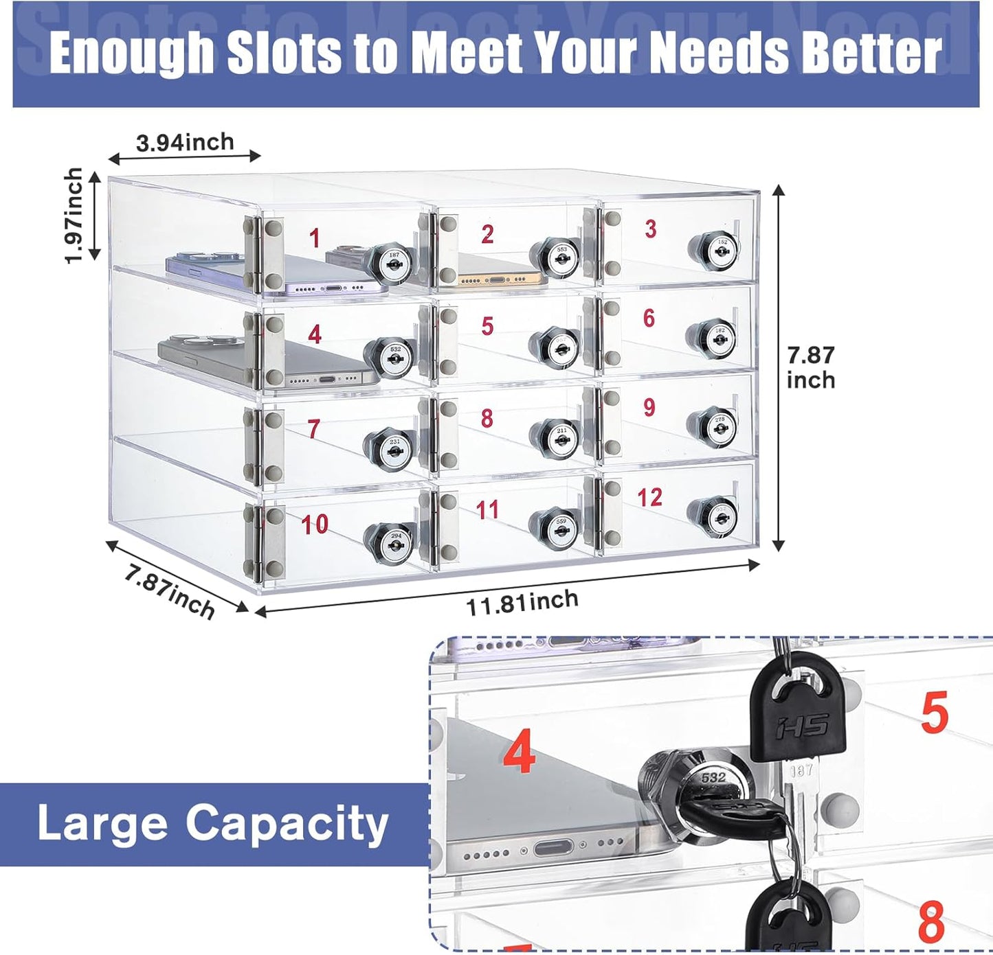 Layhit 12 Slots Cell Phone Locker Box for Classroom Clear Acrylic Cell Phone Storage Cabinet Bin with Door Locks for Classroom School Students Office Factory Employees