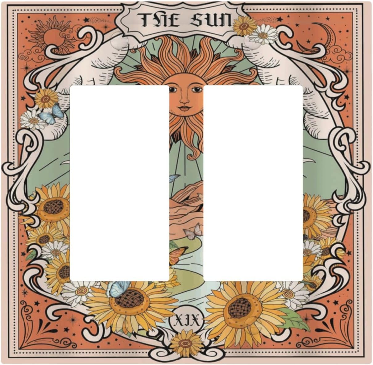 Boho Retro Sun Sunflower Vintage Flower Butterfly Decorative Outlet Covers 2 Gang Double GFCI Rocker Electrical Wall Panels Light Switch Cover Plate for Farmhouse Home Decor