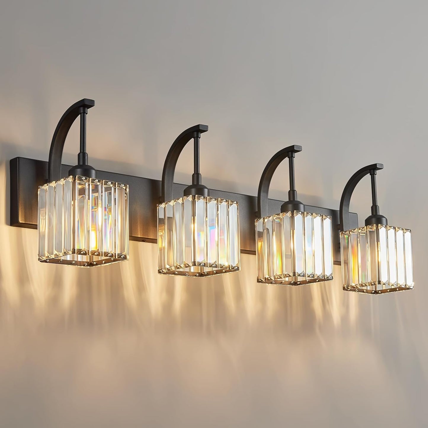 Crystal Vanity Lights 4-Light Black Bathroom Vanity Lights Modern Crystal Bathroom Light Fixtures Over Mirror 32.67" Long Vanity Light for Bathroom