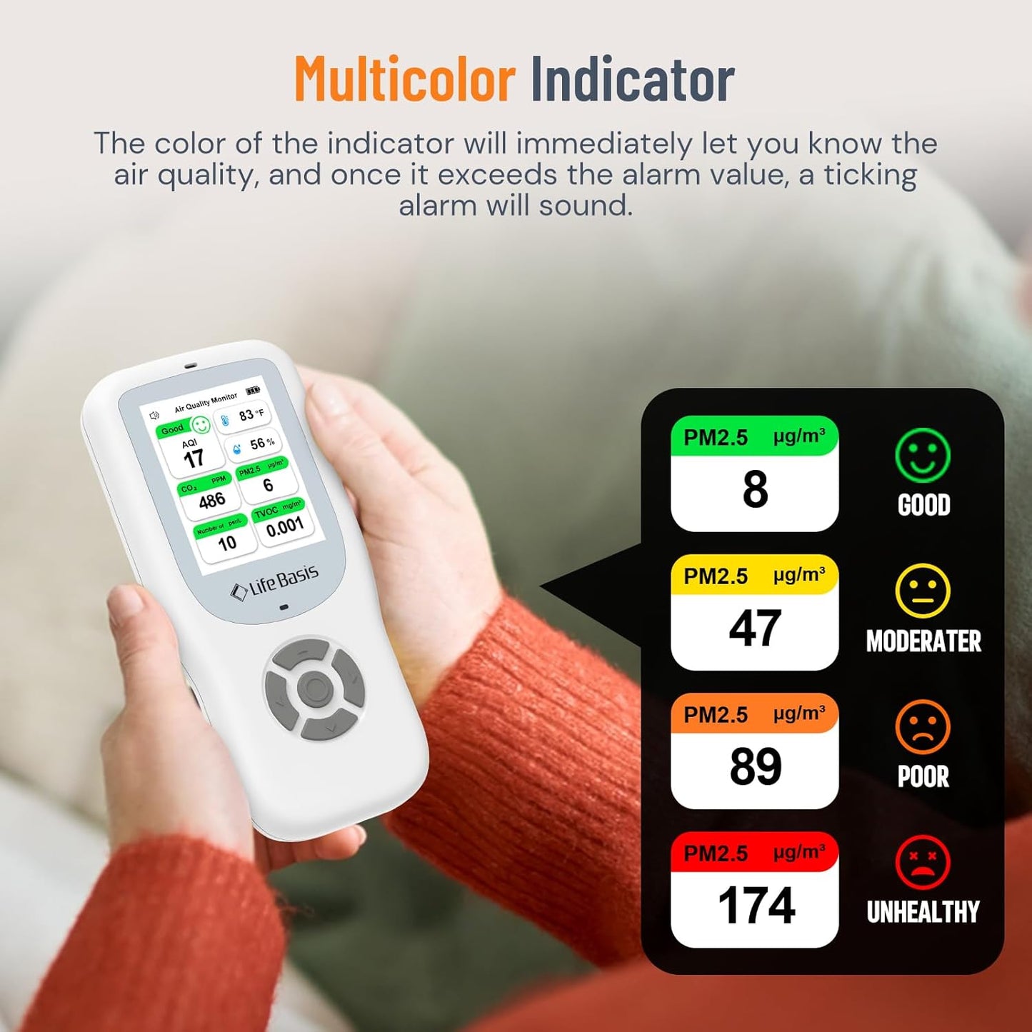 LifeBasis Air Quality Monitor Indoor, 10-in-1 Air Quality Detector with Stand, Real-Time Air Meter Test AQI, PM1.0, PM2.5, PM10, CO2, TVOC, HCHO, Particles, Temperature and Humidity with Alert -White