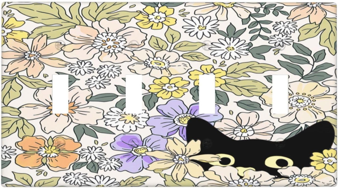 Decorative Light Switch Plate Covers Cute Black Cat in a Flower Patch Botanical Garden 4 Gang Artistic Wall Plate Unique Quad Toggle Light Switch Covers for Bedroom Home Decor