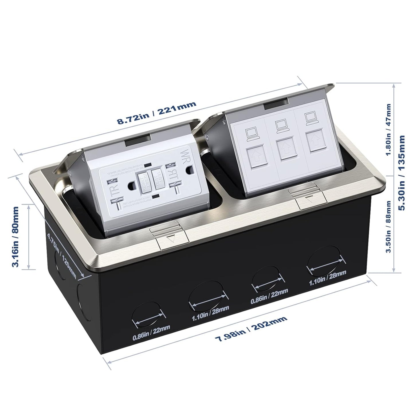KYHSHJ Dual Pop-Up Floor Electrical Outlet Box Kit，20 Amp Stainless Steel GFCI TR Receptacle Outlet，3-Port RJ45 Datacom Receptacle，Waterproof Gasket with IP44 Waterproof Rating, Stainless Steel Color