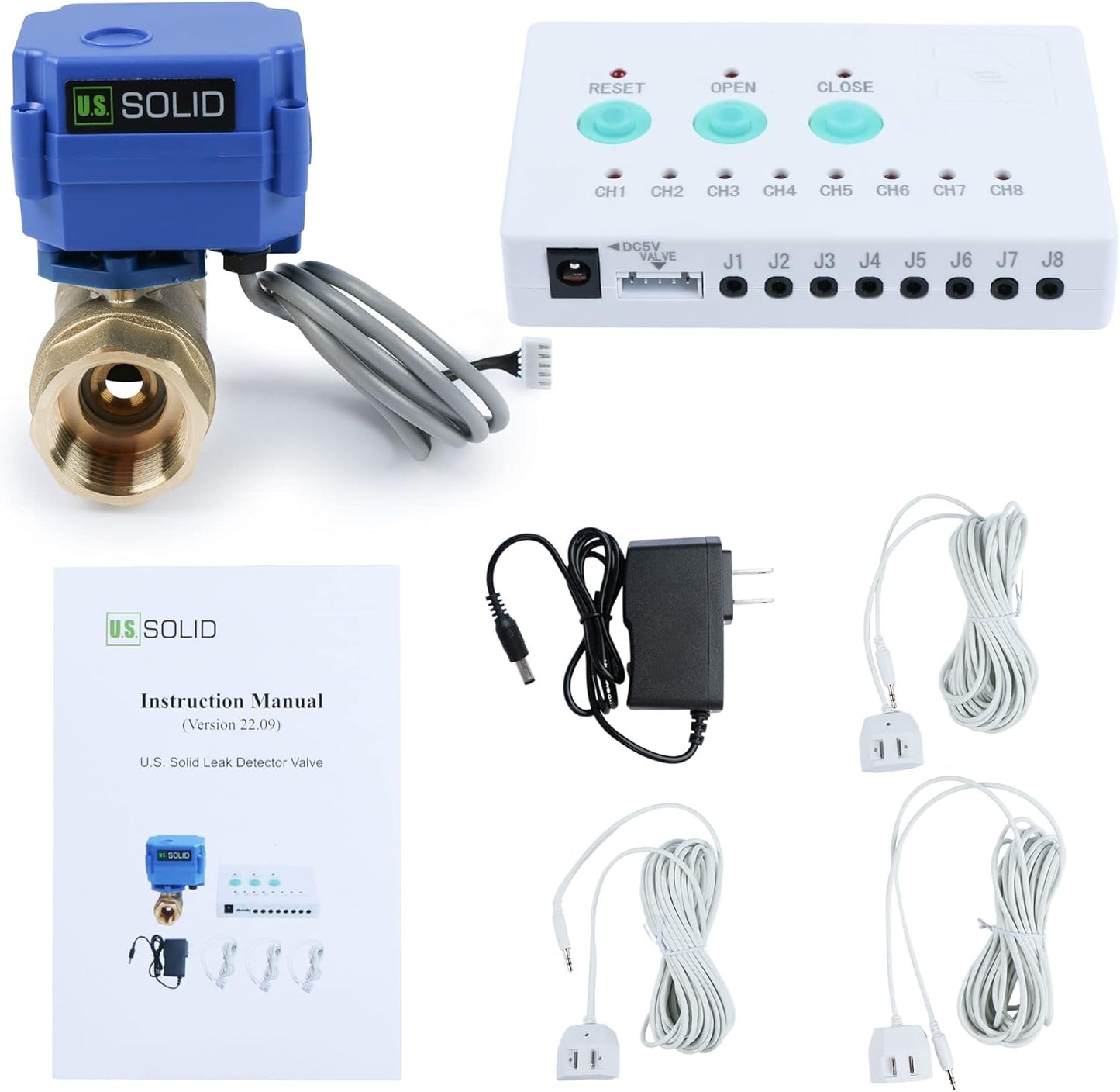 U.S. Solid Water Leak Detector - Water Leak Detect and Protect System with 1" Brass Motorized Ball Valve, Controller and 3 Sensors