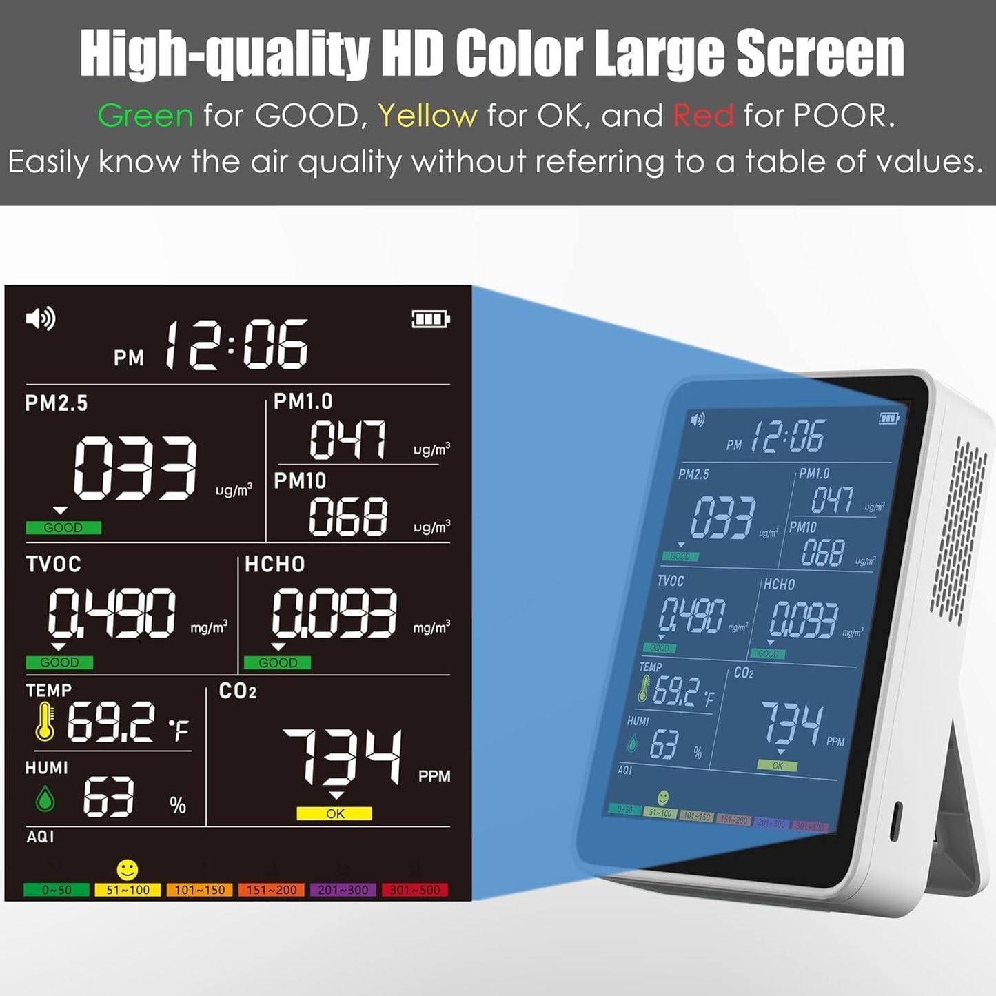 Professional Indoor Air Quality Monitor with AQI Beep Alarms, Portable Real-Time Detector for Home Cars Plants and Pets (White)