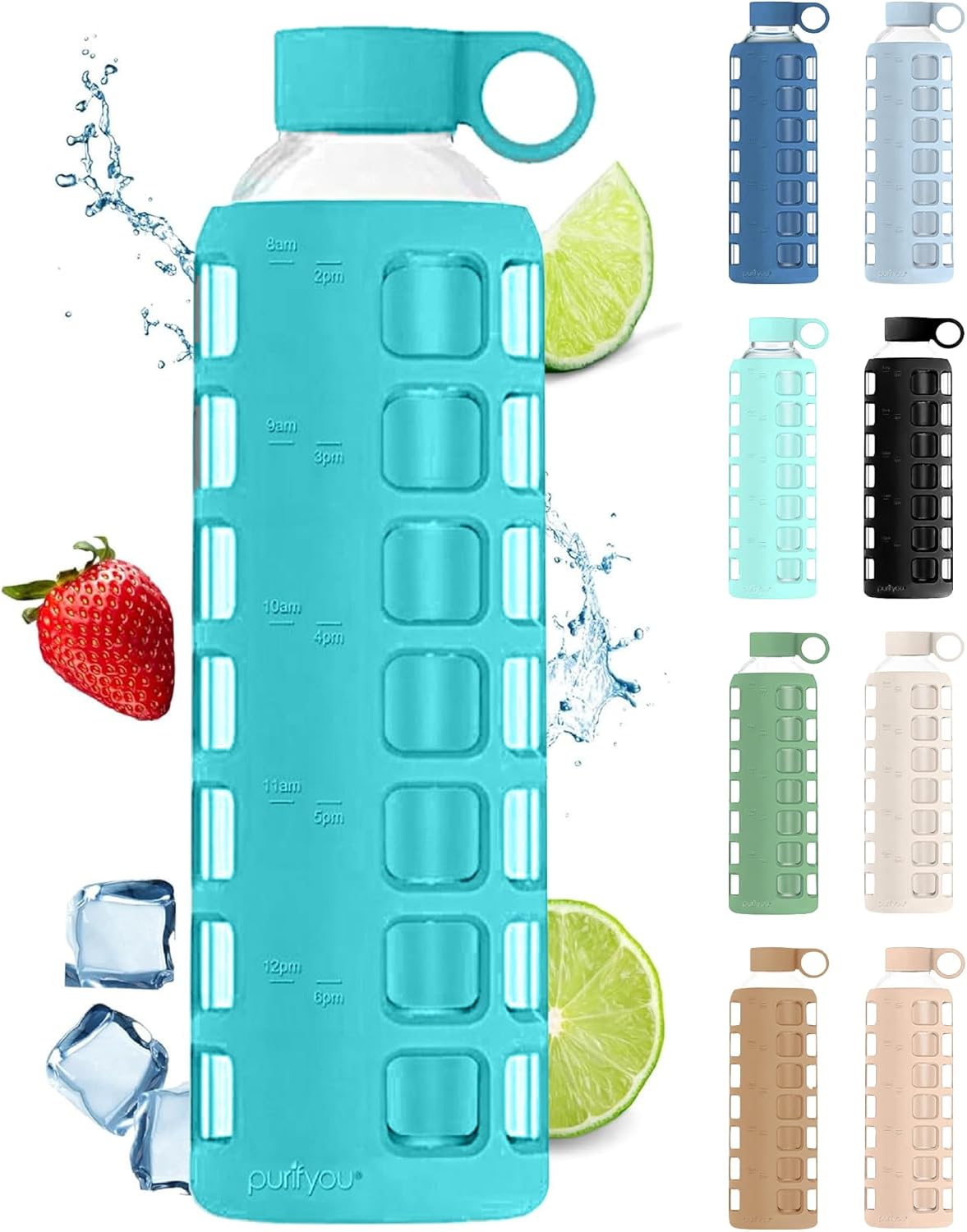 purifyou 40oz / 32oz / 22oz / 12oz Borosilicate Glass Water Bottle with Time & Volume Markers, Silicone Sleeve, Stainless Steel Lid | Reusable Glass Bottle for Water & Juice (32oz Aqua Blue)