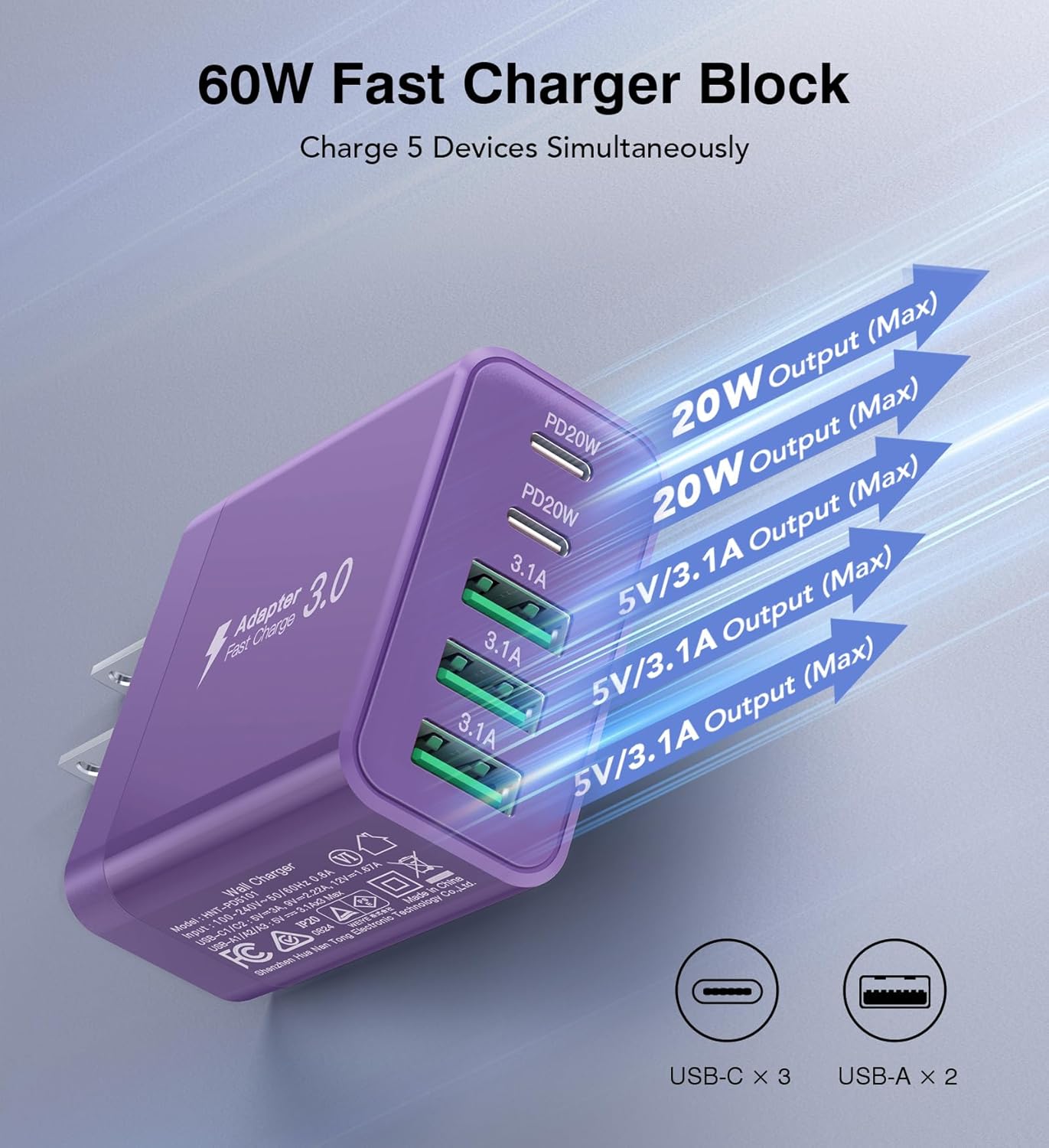 [2-Pack] USB C Wall Charger, 60W Fast USB C Charger Block, 5-Port PD Power Adapter + QC Wall Plug Multiport Type C Charging Block Cube Compatible with iPhone 17 16 15 14 13 12 Pro Max XR XS, Purple