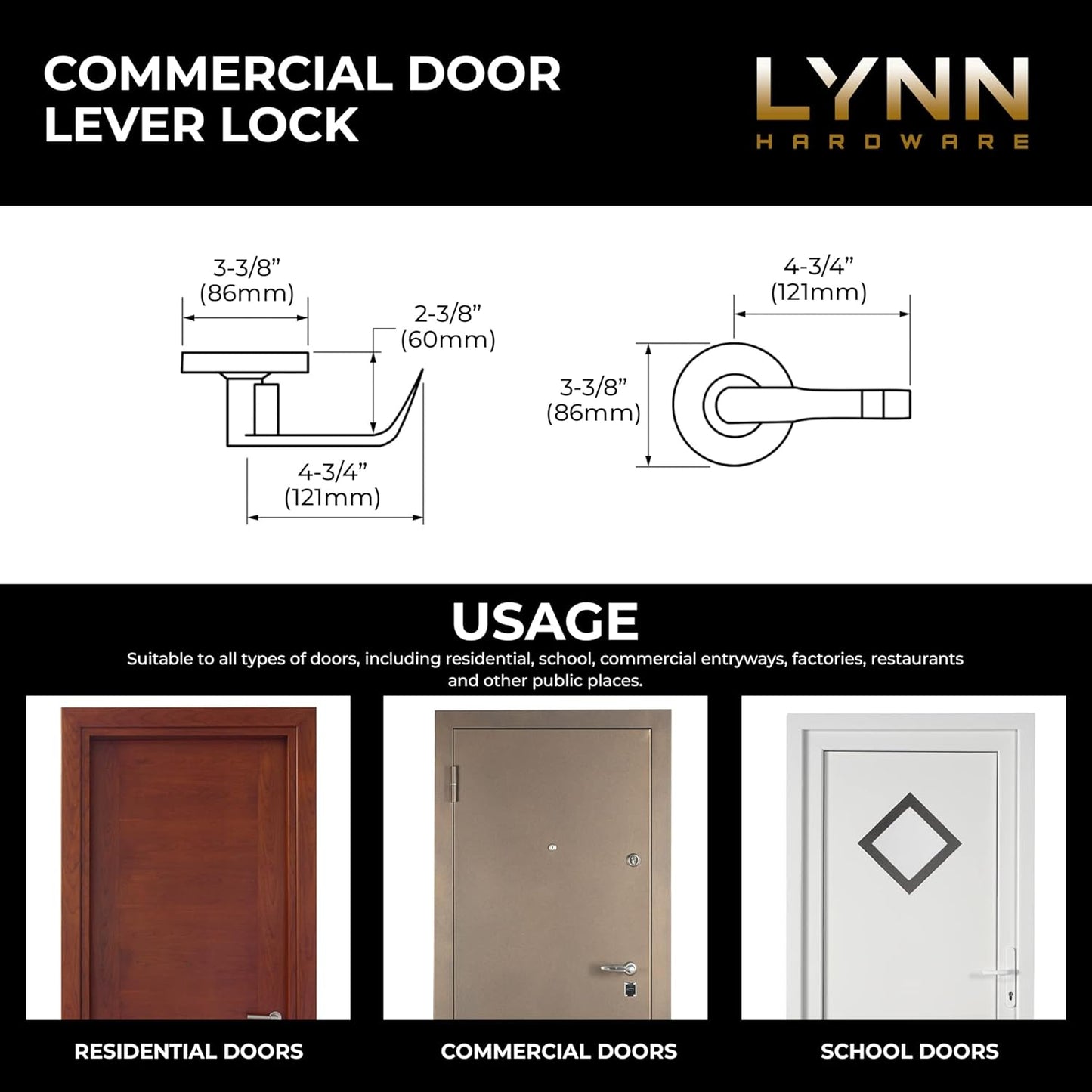 LYNN HARDWARE Commercial Door Lever Lock - Heavy-Duty Locking Door Handle, Designer Door Handles, Cylindrical Lever Lock, Non-Handed Grade 2 Door Handle, Satin Chrome, Entrance Keylock w/Clutch