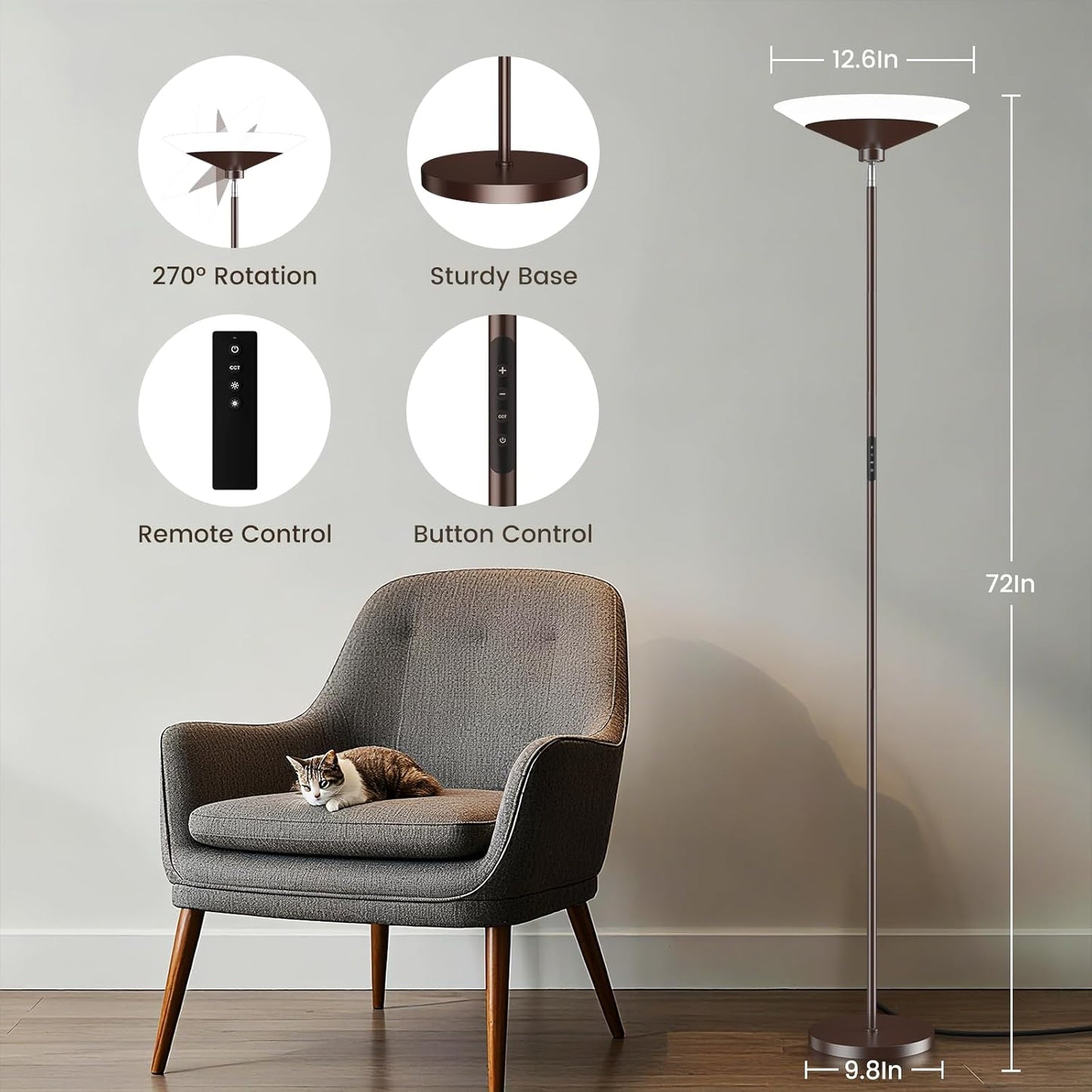 Brown Torchiere Floor Lamp - 30W Dimmable LED Standing Lamp with Remote, 4 Color Temps, Stepless Dimming, 3000-6500K, 1800LM, 72in Tall Floor Light for Office Bedroom Living Room Corner