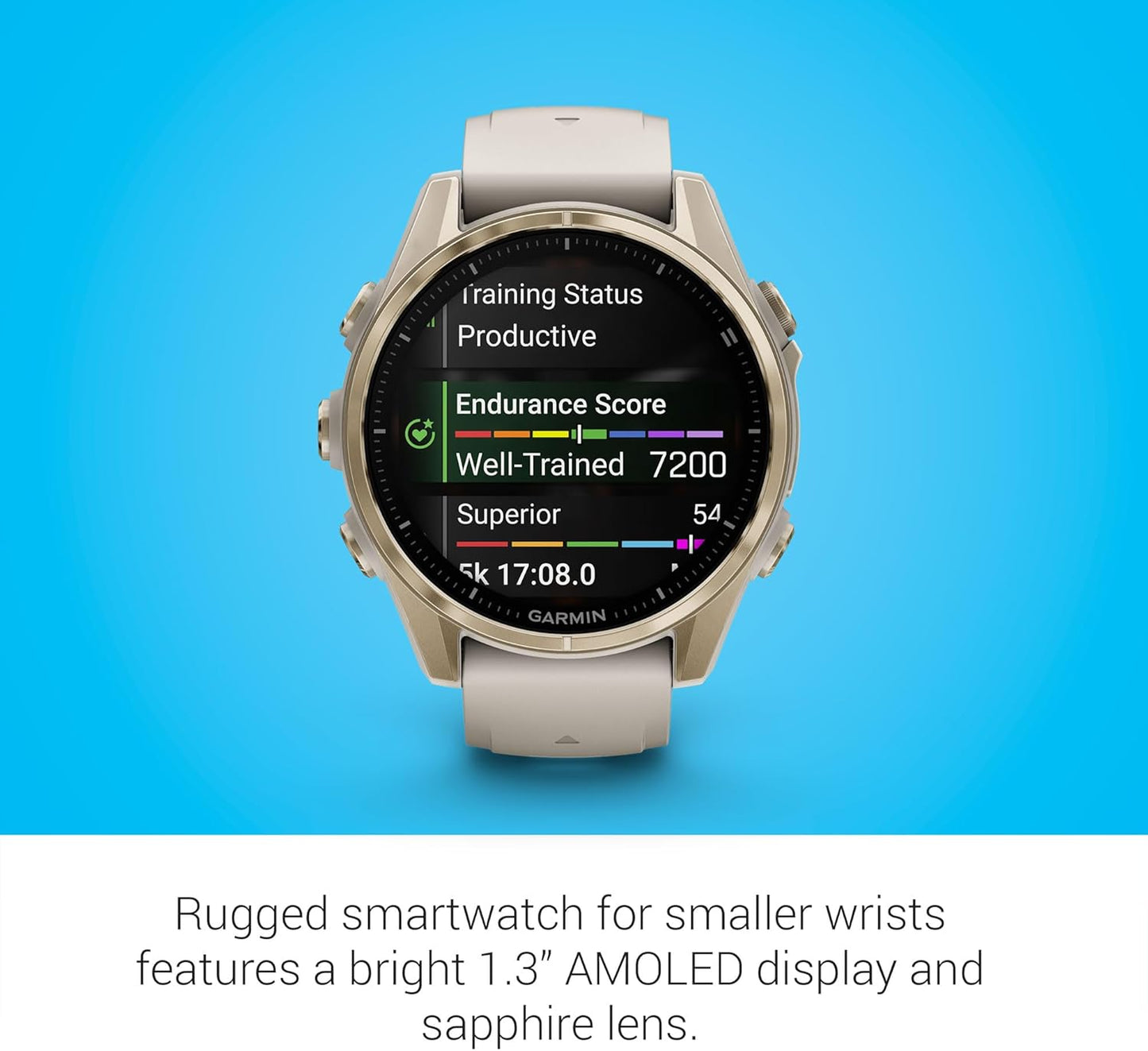 Garmin Fenix 8 Premium Multisport GPS Running Smartwatch, 43 mm | AMOLED, Dive-Rated, Built-in Flashlight | Soft Gold with Dark Sandstone Band with Signature Series Charging Stand