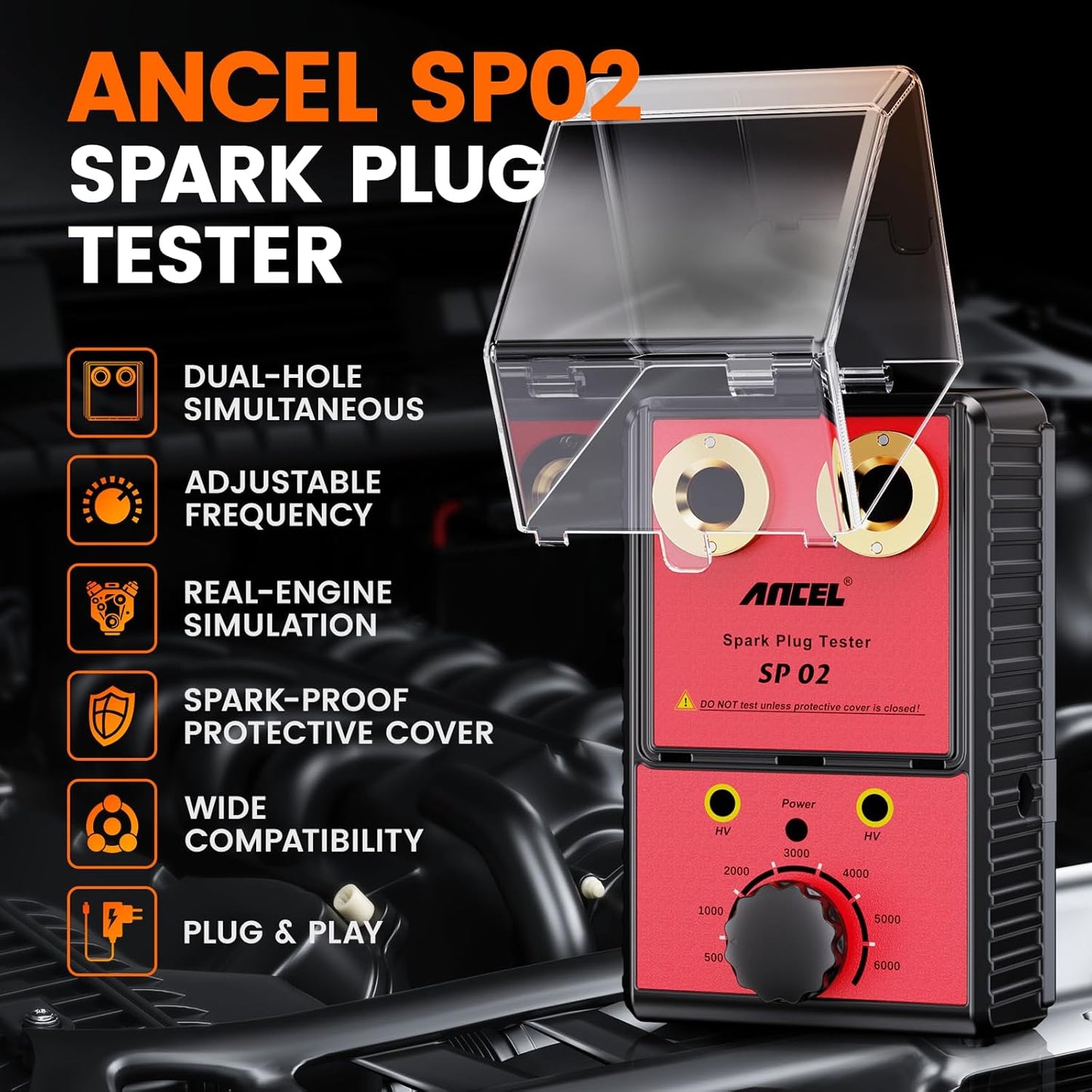 ANCEL SP02 Spark Plug Tester Automotive Engine Ignition Coil Tester Dual Holes 0 to 6000RPM Adjustable Working Frequency Car Spark Plug Gap Tool
