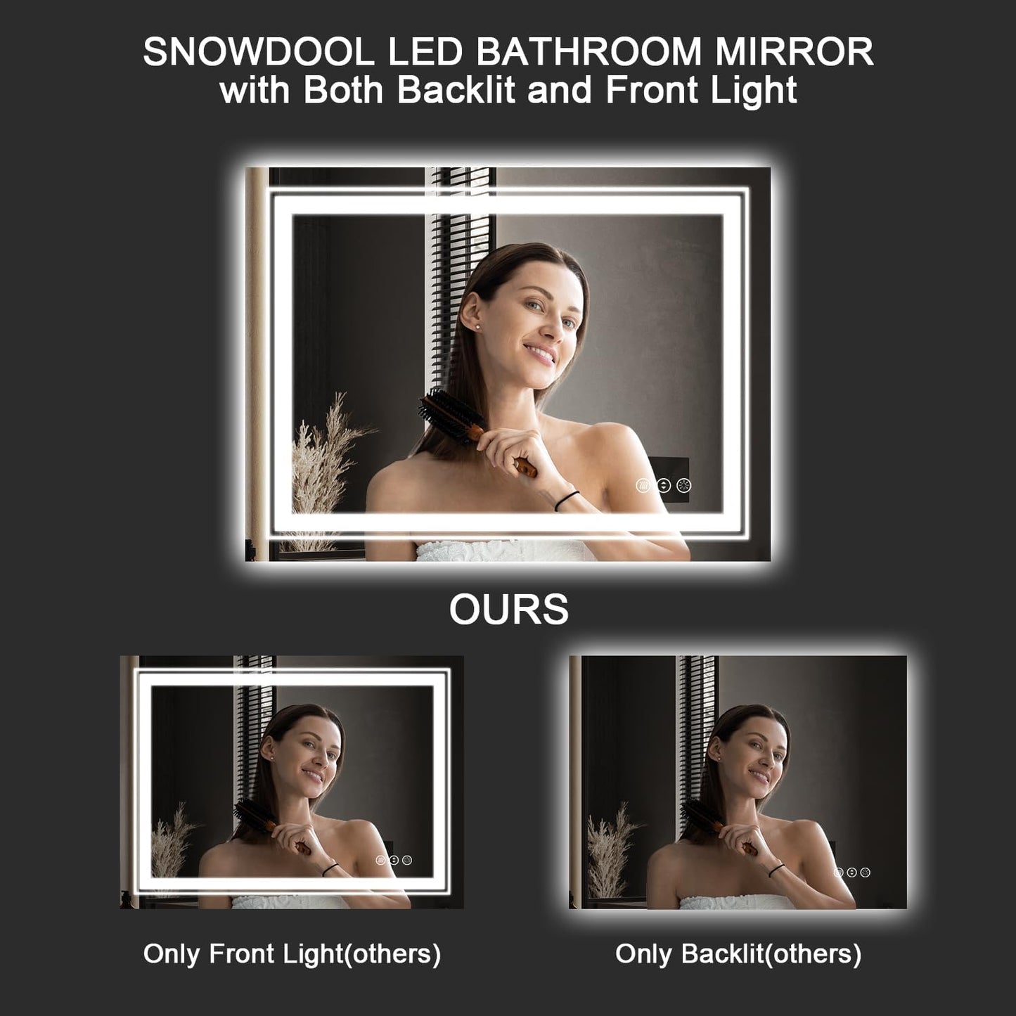 LED Bathroom Mirror, 55"X36" with Front and Backlit, Anti-Fog, Large Bathroom Vanity Mirror for Wall, Memory Function, Stepless Dimmable, Tempered Glass (Horizontal/Vertical)