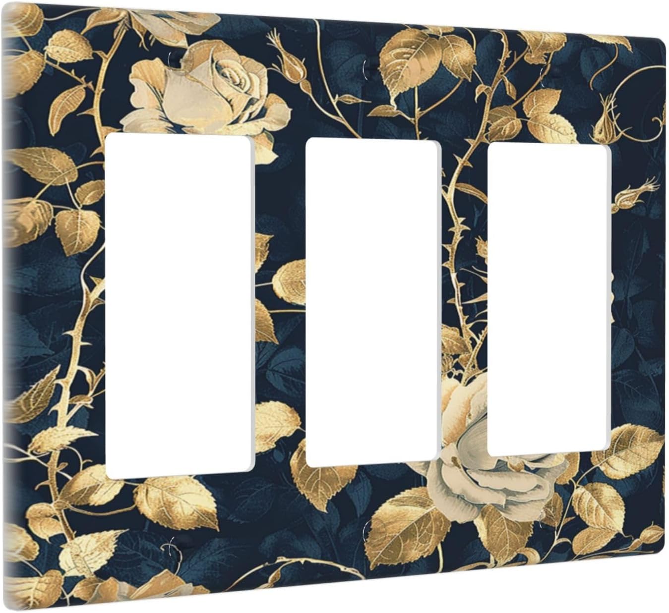Light Switch Covers Boho Vintage Floral Golden Flower Dark Blue Background 3 Gang Rocker Electrical GFCI Decorative Triple Outlet Wall Plate Cover Switchplate for Bedroom living Room Decor