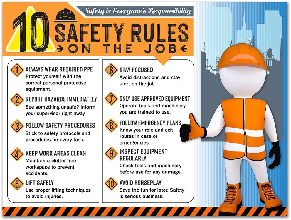10 Safety Rules on the Job Poster – 18x24 Durable Laminated Safety Sign, Tear-Resistant, Waterproof Workplace Safety Poster for Industrial and Construction Settings (Pack of 2)