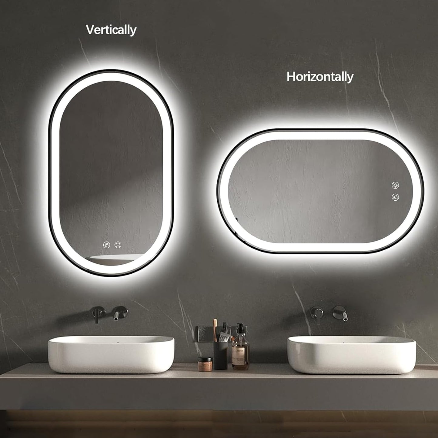 Niccy Oval LED Mirror for Bathroom, 40x24 Front Lit + Backlit Vanity Mirrors with Light Anti-Fog, Shatter-Proof, 3 Colors, Makeup Mirror with Black Frame (Horizontal/Vertical)
