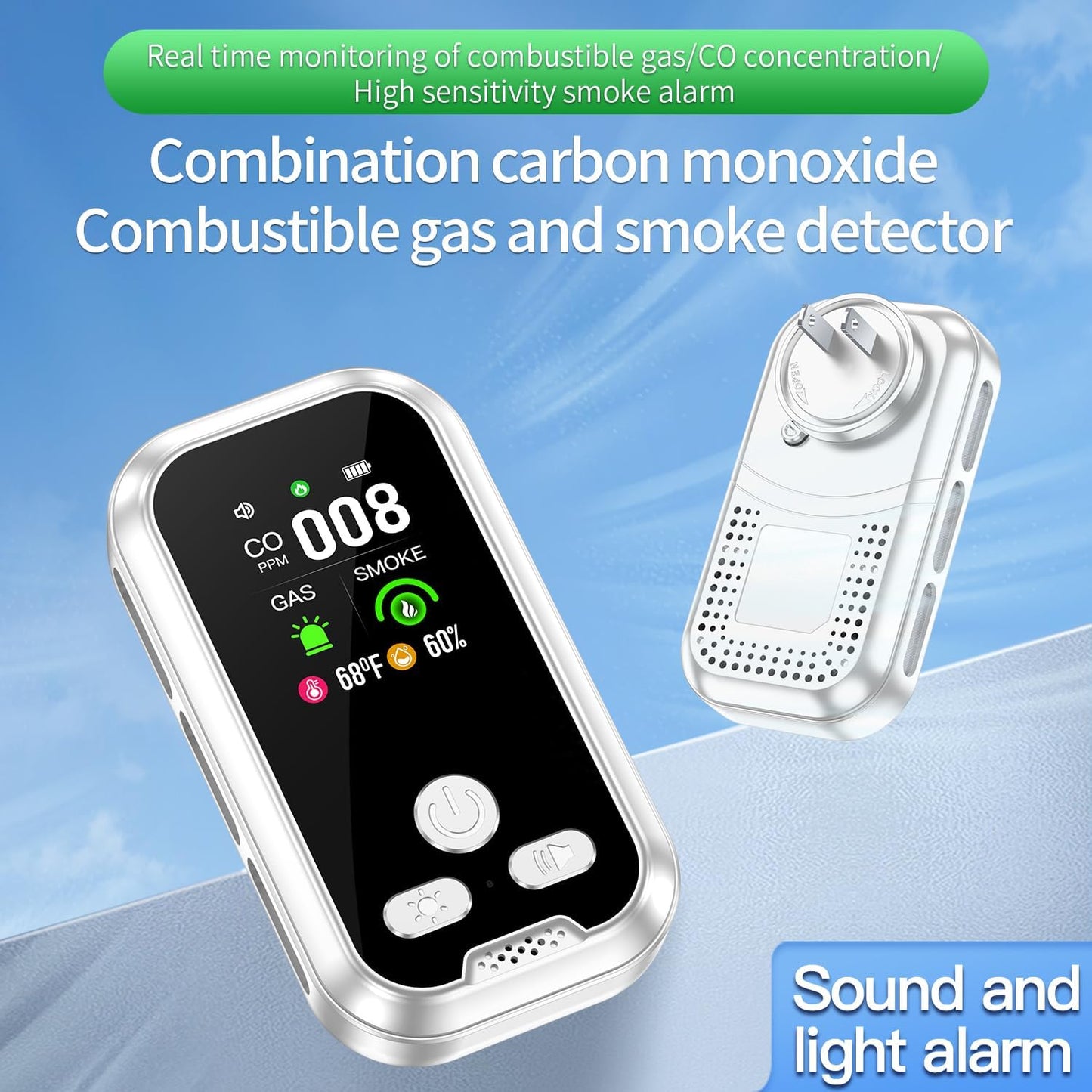 5in1 Plug in Smoke & Carbon Monoxide Detector & Combustible Natural Gas Combination Builti-in Battery HD Screen [Smoke Gas CO Temp Humidity Sensor] for Home Hotel Travel (1 Pack, White)