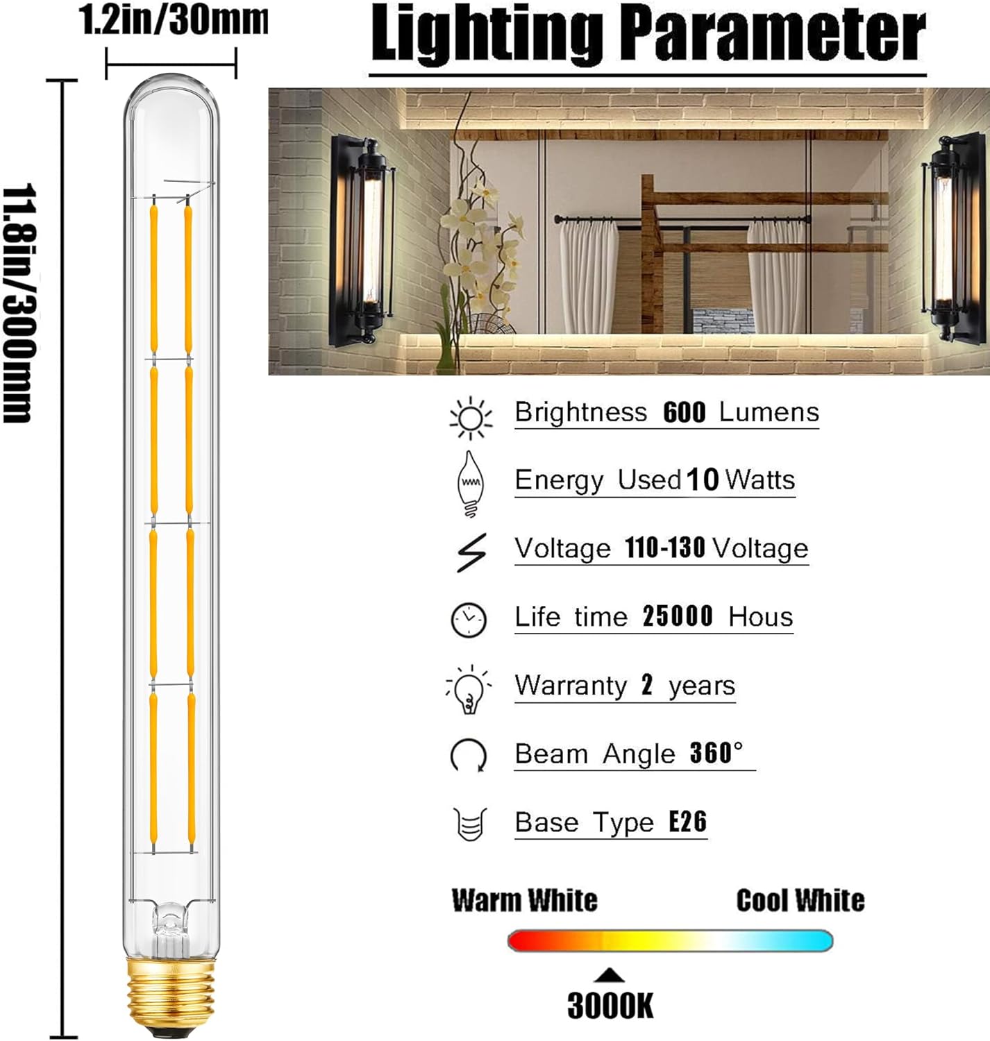 XININSUN T300 Led Bulb, 11.8 Inch Long Tubular Led Light Bulbs, 100Watt Equivalent, 1000lm, Dimmable, Clear Glass, E26 10W T10 LED Edison Tube Lamp Bulb,4 Pack. (10W=100W 3000K)