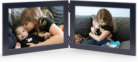 Double 4x6 Horizontal Combo, Black Wood Picture Frame, 3.5x5.5 Opening Foldable Landscape View Photo Frame on Table-top or Wall