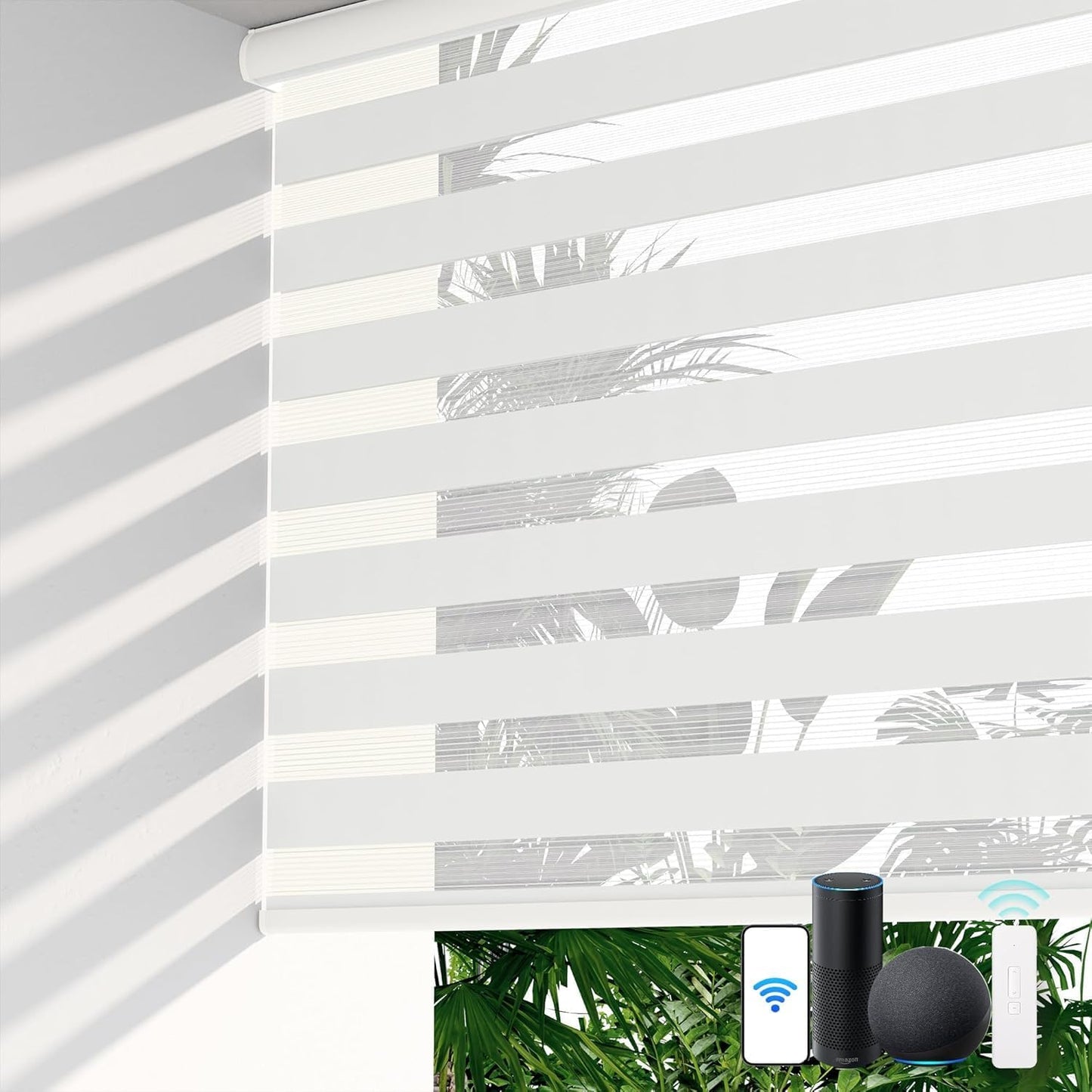 LazBlinds Motorized Zebra Roller Shades, Rechargeable Smart Blinds with Remote Control, Custom Size Light Filtering Dual Layer Roller Sheer Shades, White