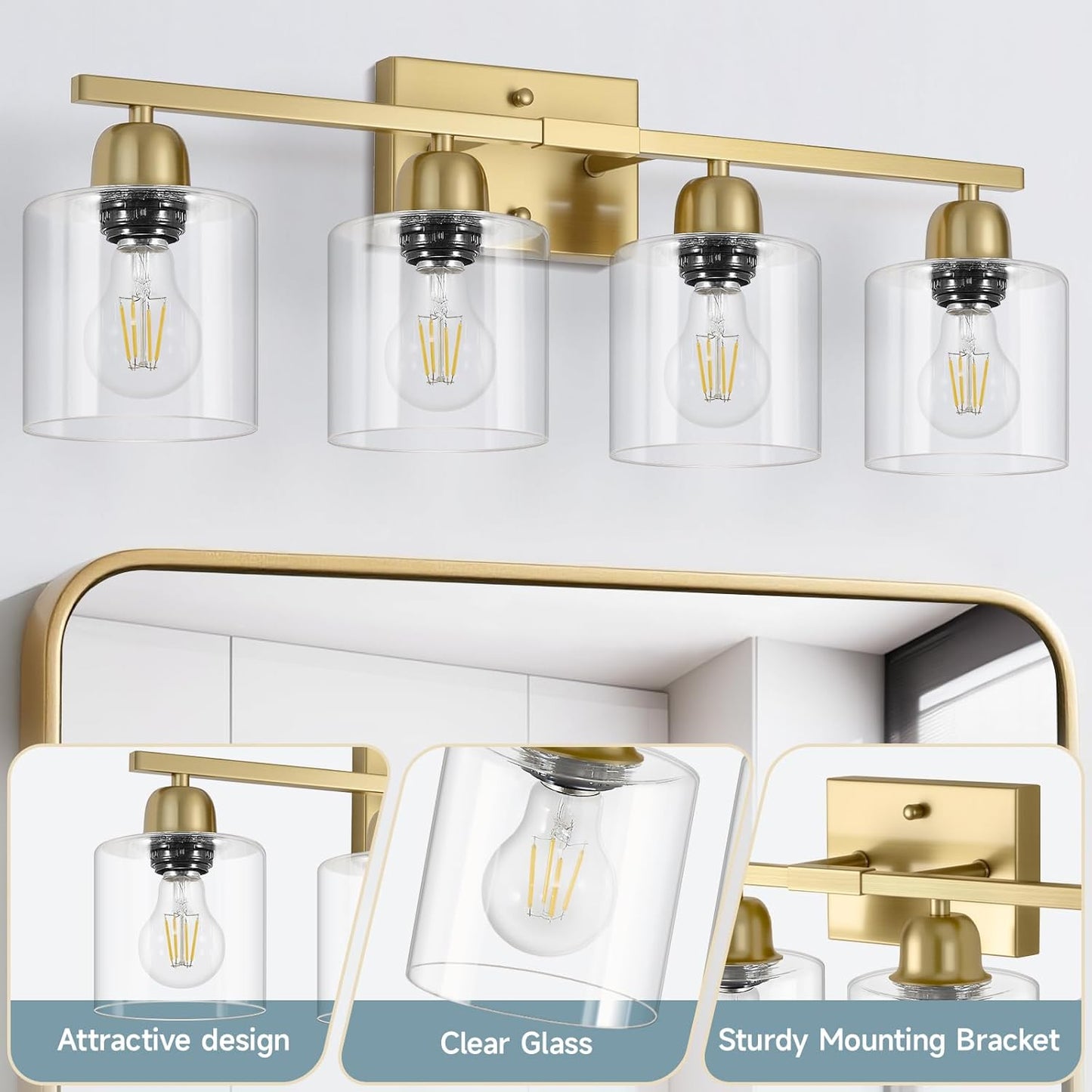 Modern Brushed Gold 4 Light Bathroom Light Fixtures, 24 inch Vanity Lights for Bathroom with Clear Glass, Bathroom Vanity Light for Mirror Kitchen Living Room Hallway Cabinet Porch